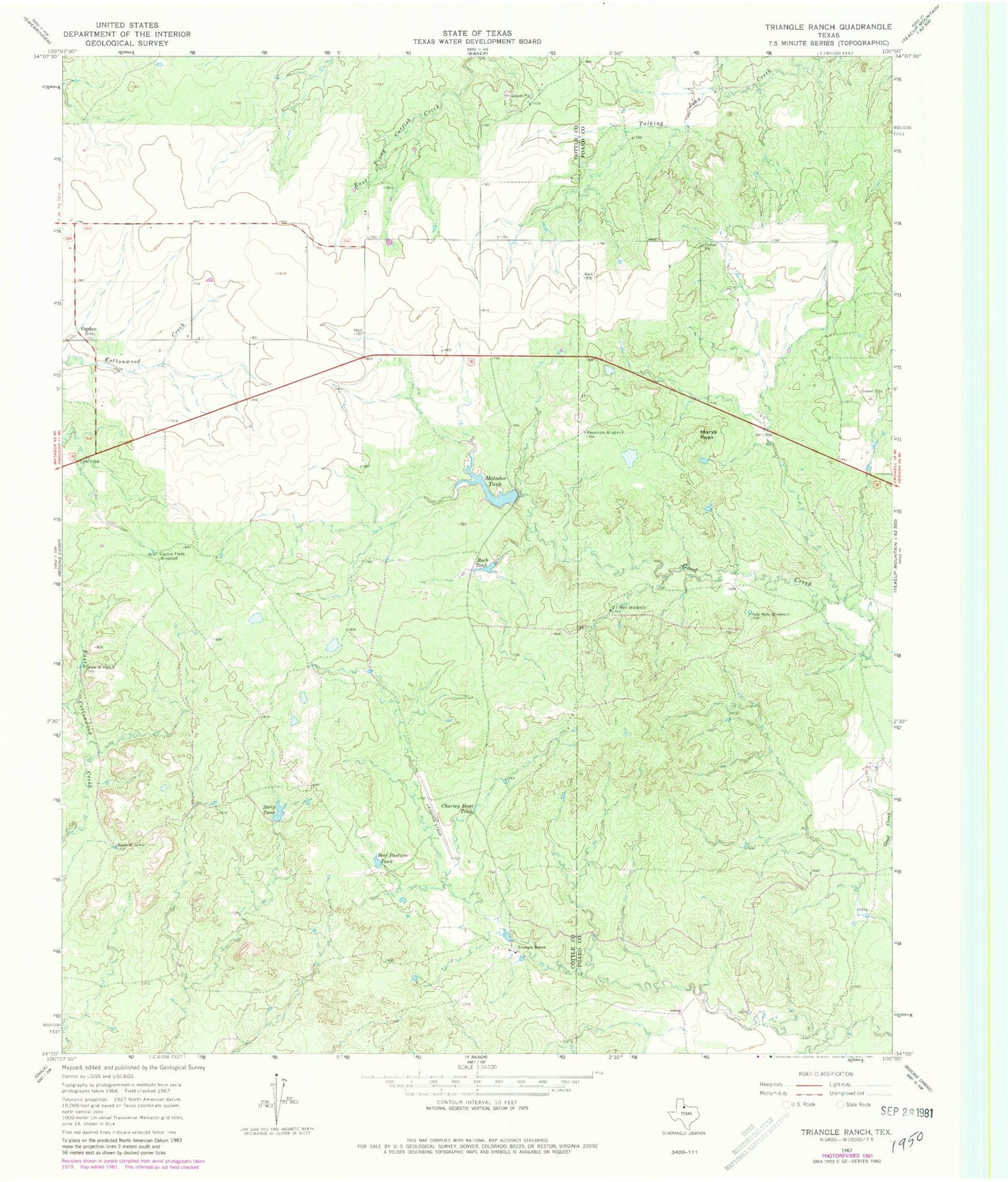 Classic USGS Triangle Ranch Texas 7.5'x7.5' Topo Map Image