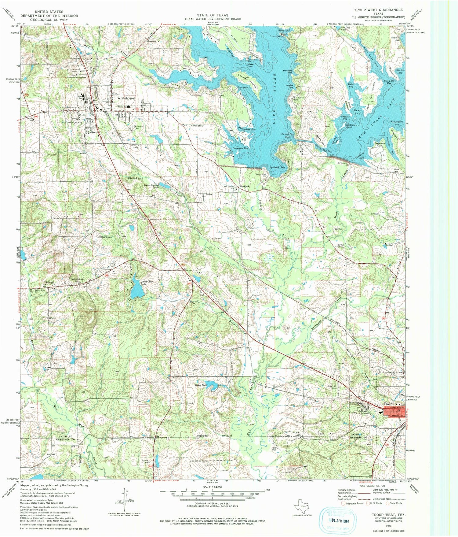Classic USGS Troup West Texas 7.5'x7.5' Topo Map Image
