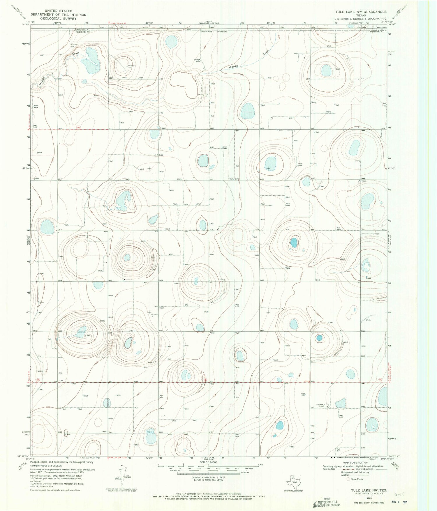 Classic USGS Tule Lake NW Texas 7.5'x7.5' Topo Map Image