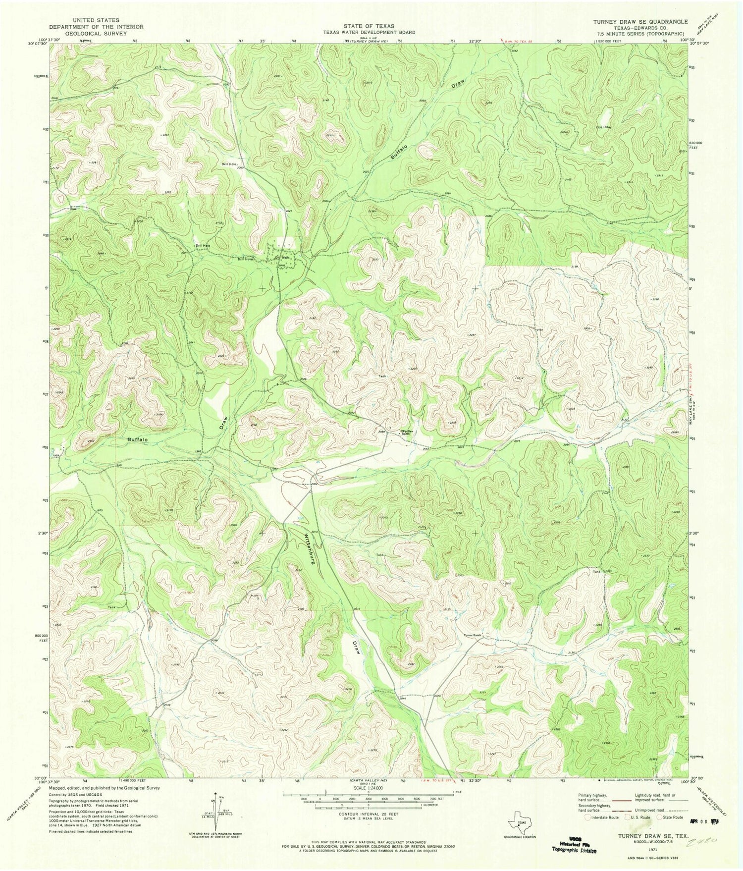 Classic USGS Turney Draw SE Texas 7.5'x7.5' Topo Map Image