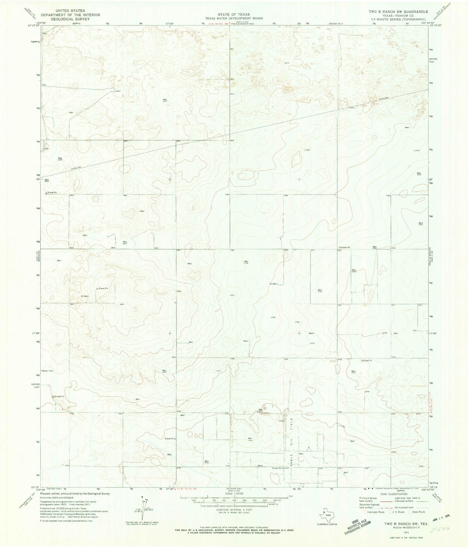 Classic USGS Two B Ranch SW Texas 7.5'x7.5' Topo Map Image