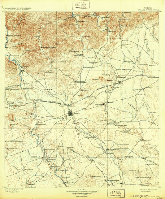 Historic 1899 Uvalde Texas 30'x30' Topo Map Image