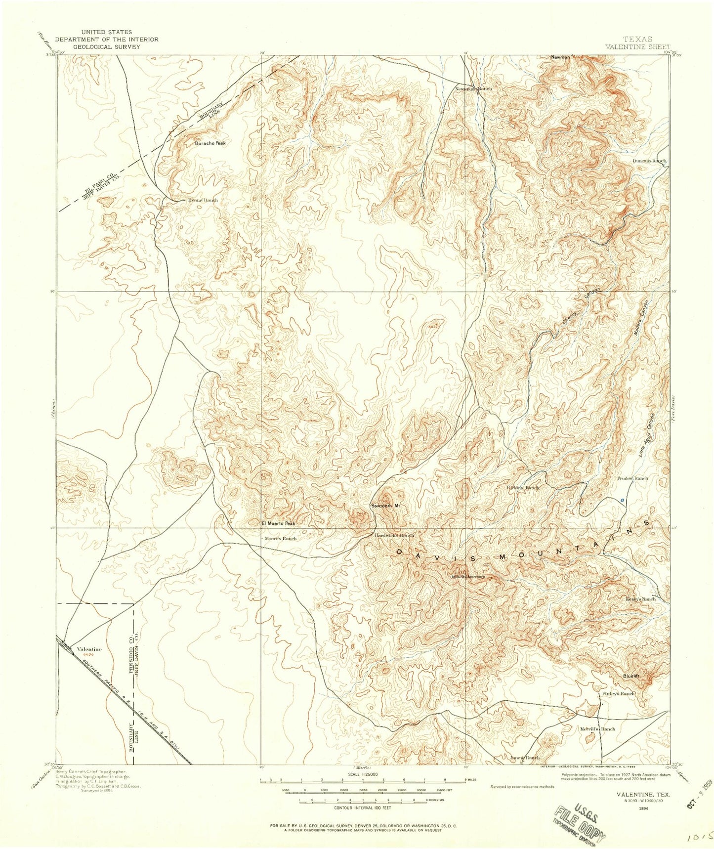 Historic 1894 Valentine Texas 30'x30' Topo Map Image