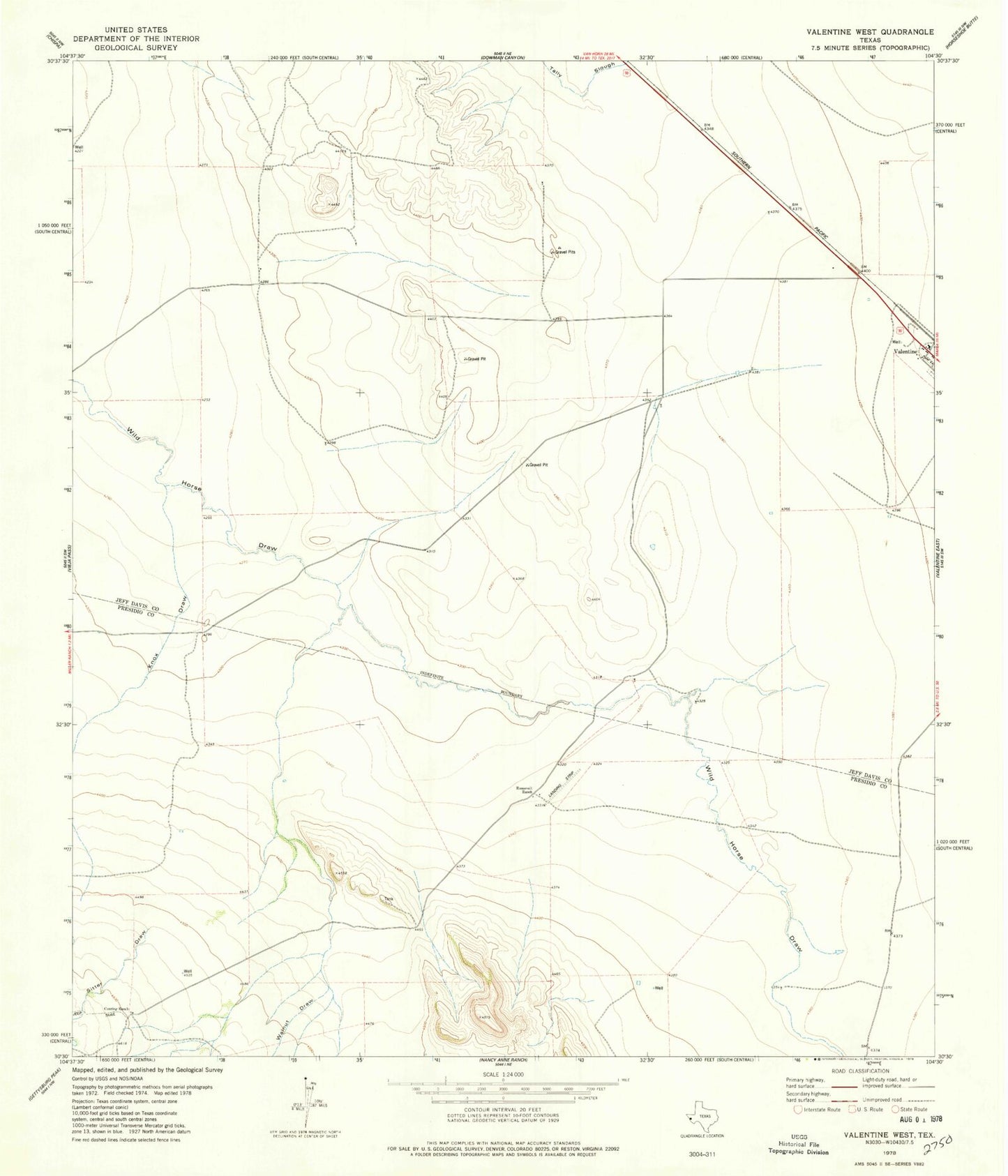 Classic USGS Valentine West Texas 7.5'x7.5' Topo Map Image