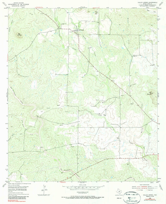 Classic USGS Valley Spring Texas 7.5'x7.5' Topo Map Image