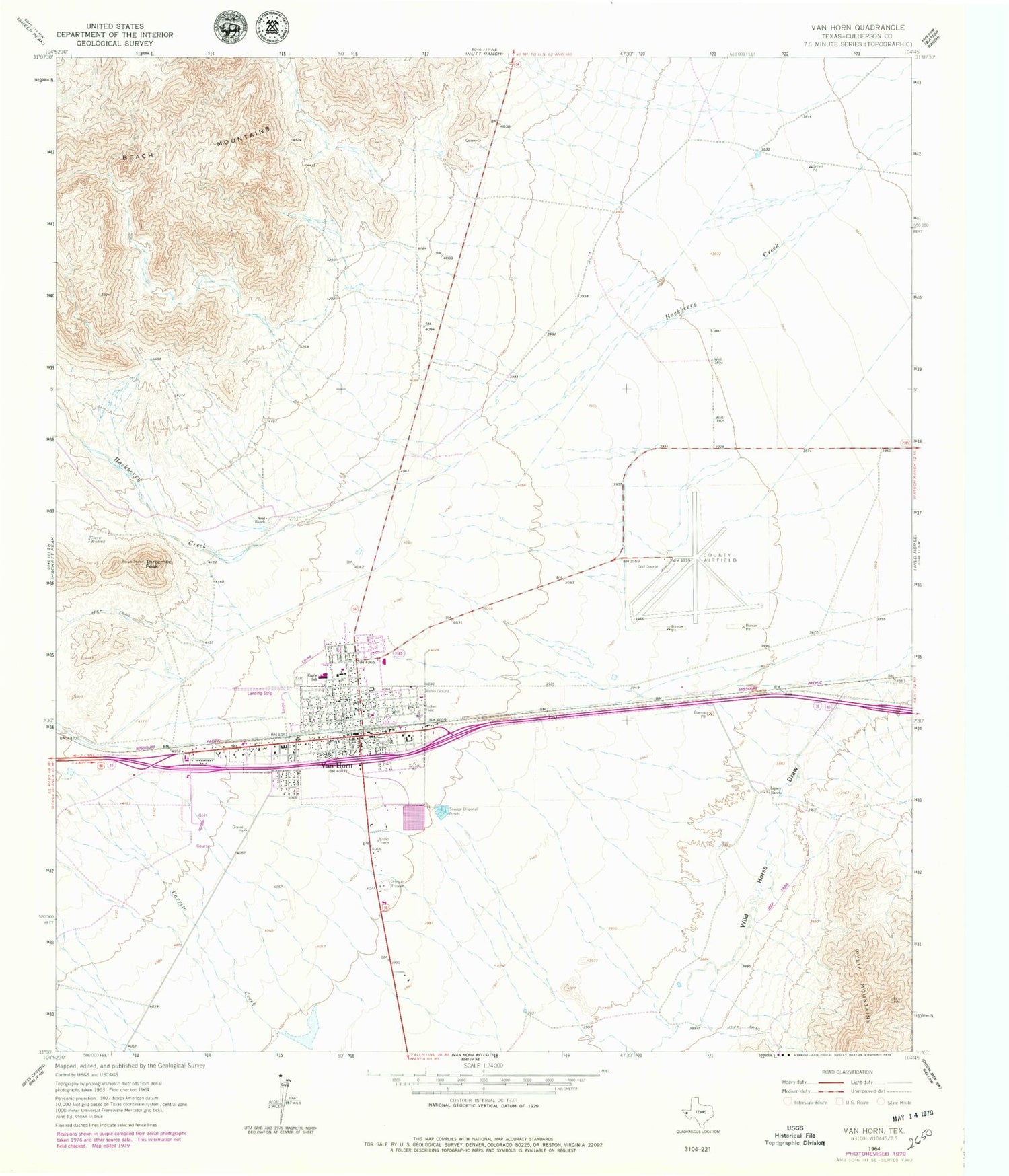 Classic USGS Van Horn Texas 7.5'x7.5' Topo Map Image