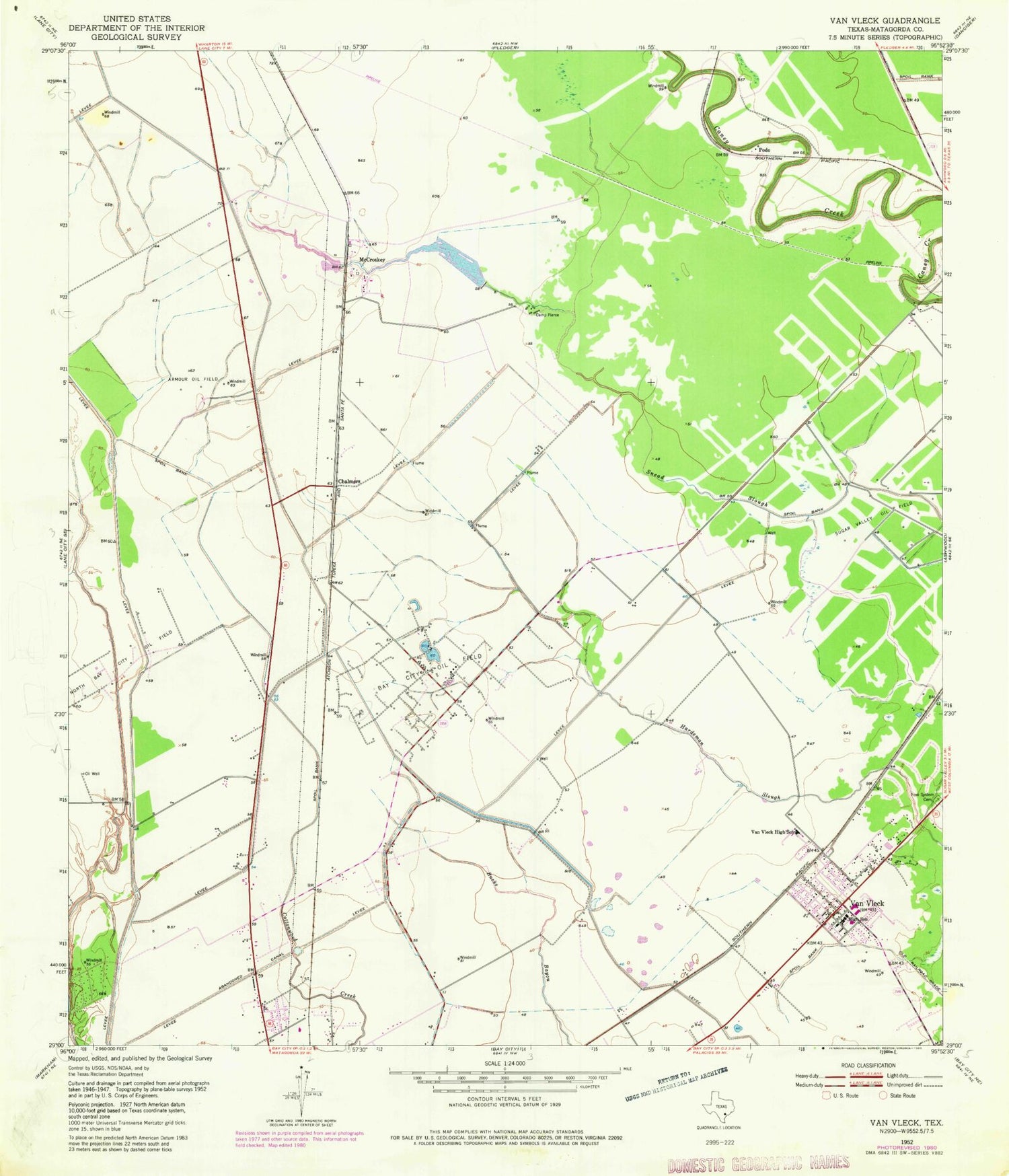 Classic USGS Van Vleck Texas 7.5'x7.5' Topo Map Image
