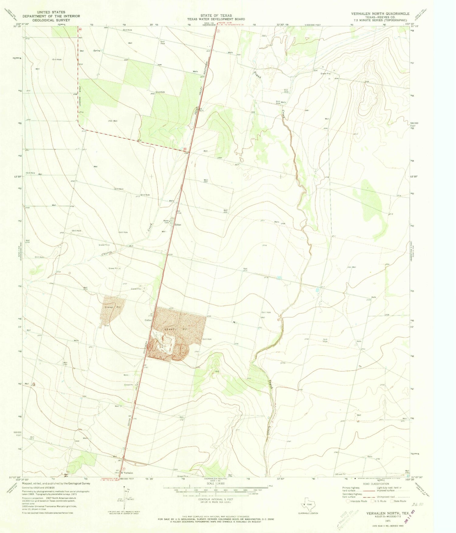 Classic USGS Verhalen North Texas 7.5'x7.5' Topo Map Image