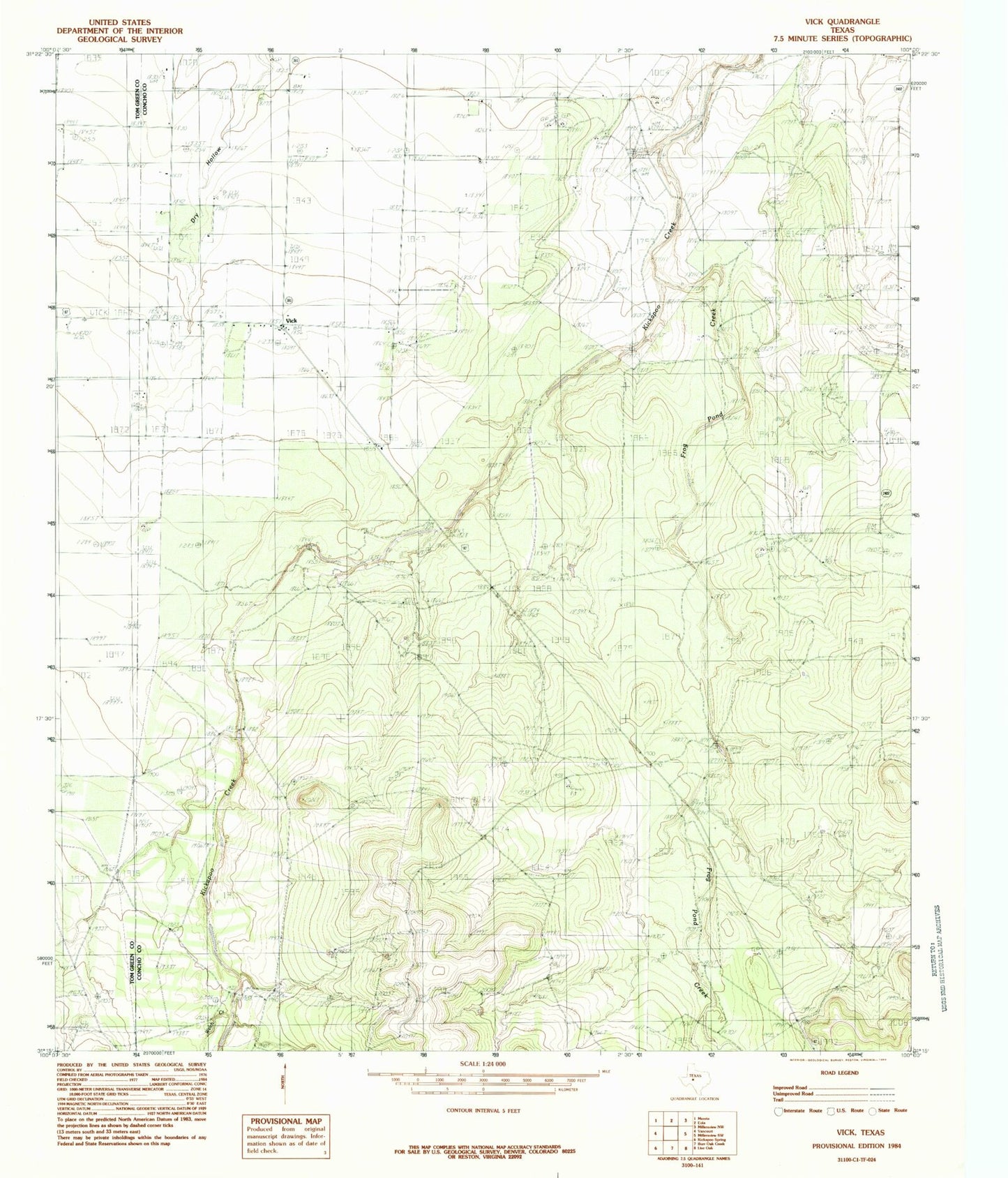 Classic USGS Vick Texas 7.5'x7.5' Topo Map Image