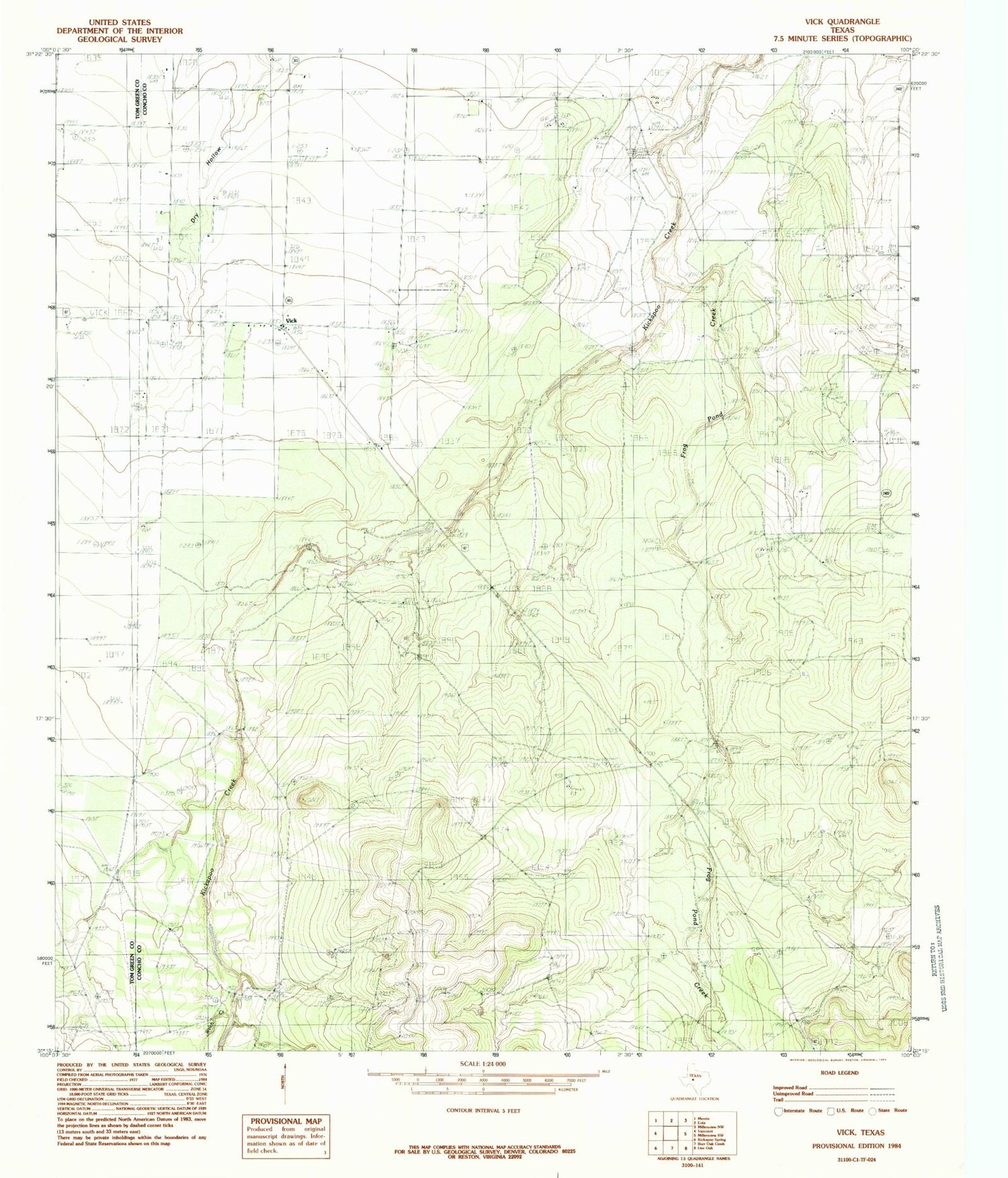 Classic USGS Vick Texas 7.5'x7.5' Topo Map Image