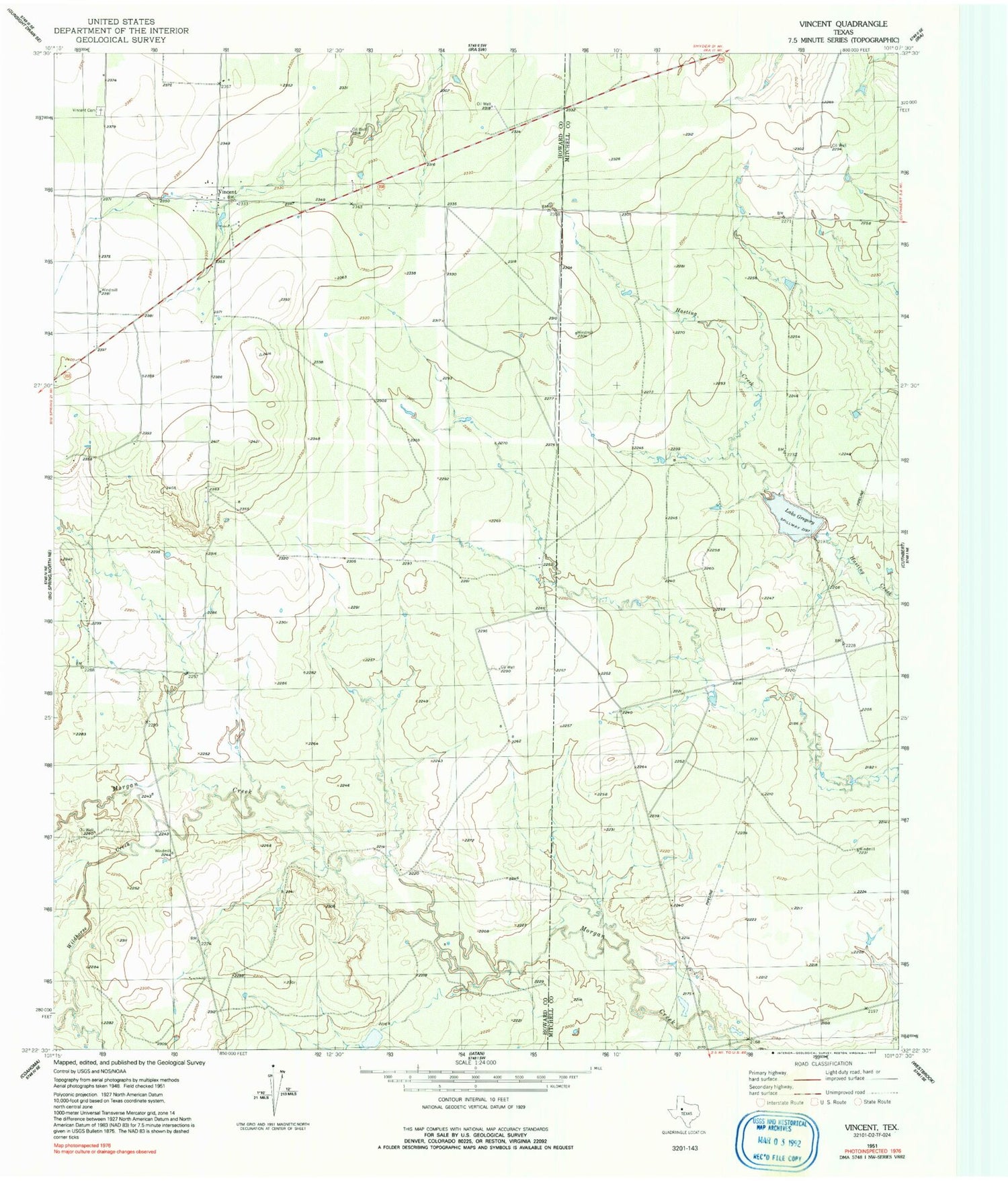 Classic USGS Vincent Texas 7.5'x7.5' Topo Map Image