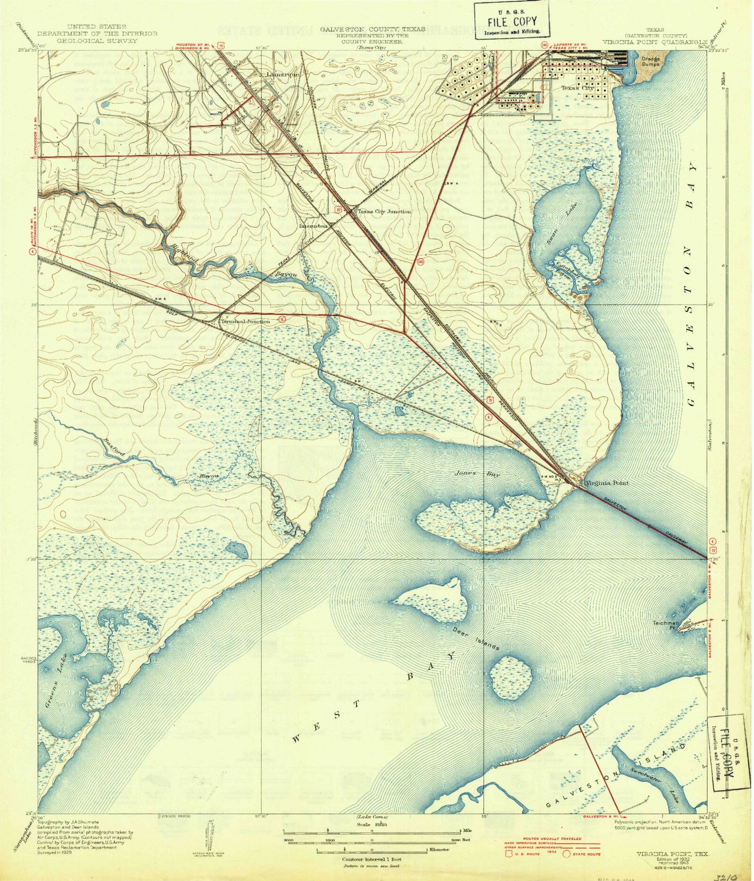 Classic USGS Virginia Point Texas 7.5'x7.5' Topo Map Image