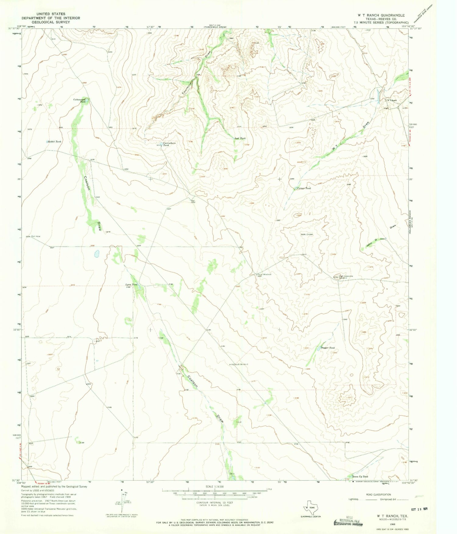 Classic USGS W T Ranch Texas 7.5'x7.5' Topo Map Image