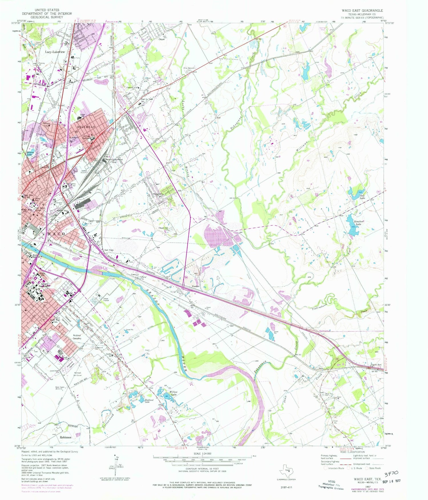 Classic USGS Waco East Texas 7.5'x7.5' Topo Map Image