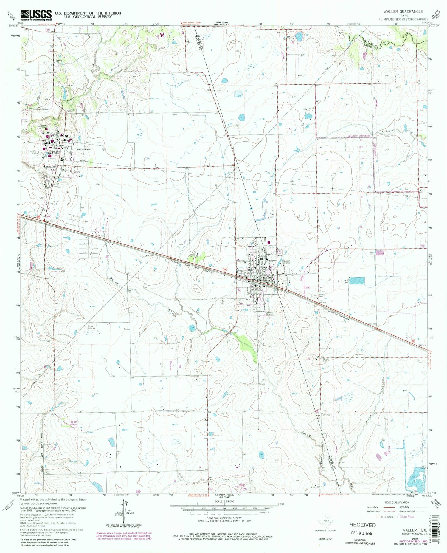 Classic USGS Waller Texas 7.5'x7.5' Topo Map Image