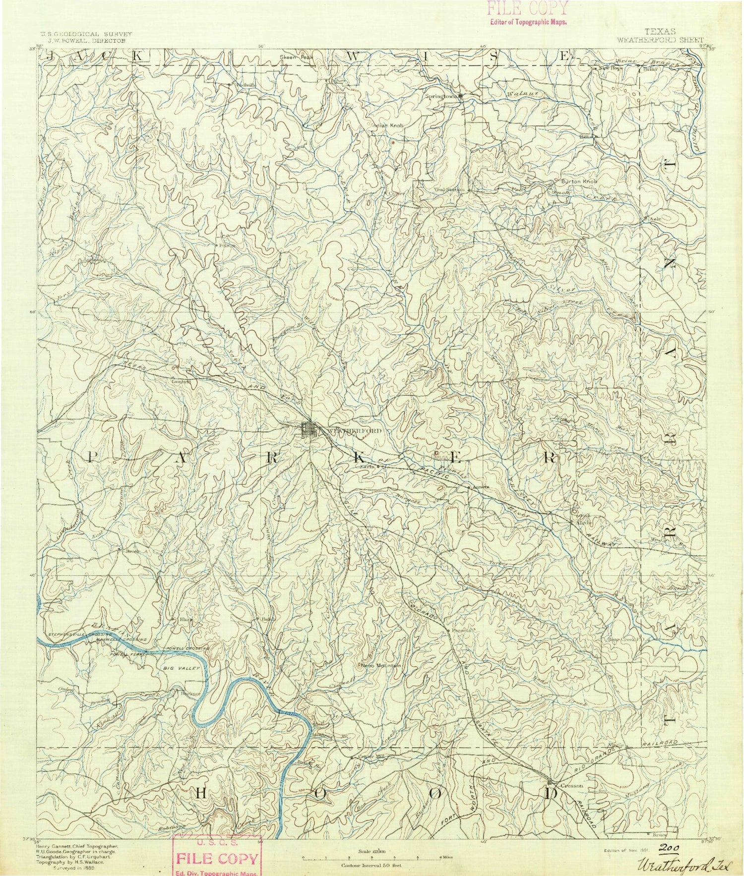 Historic 1891 Weatherford Texas 30'x30' Topo Map Image
