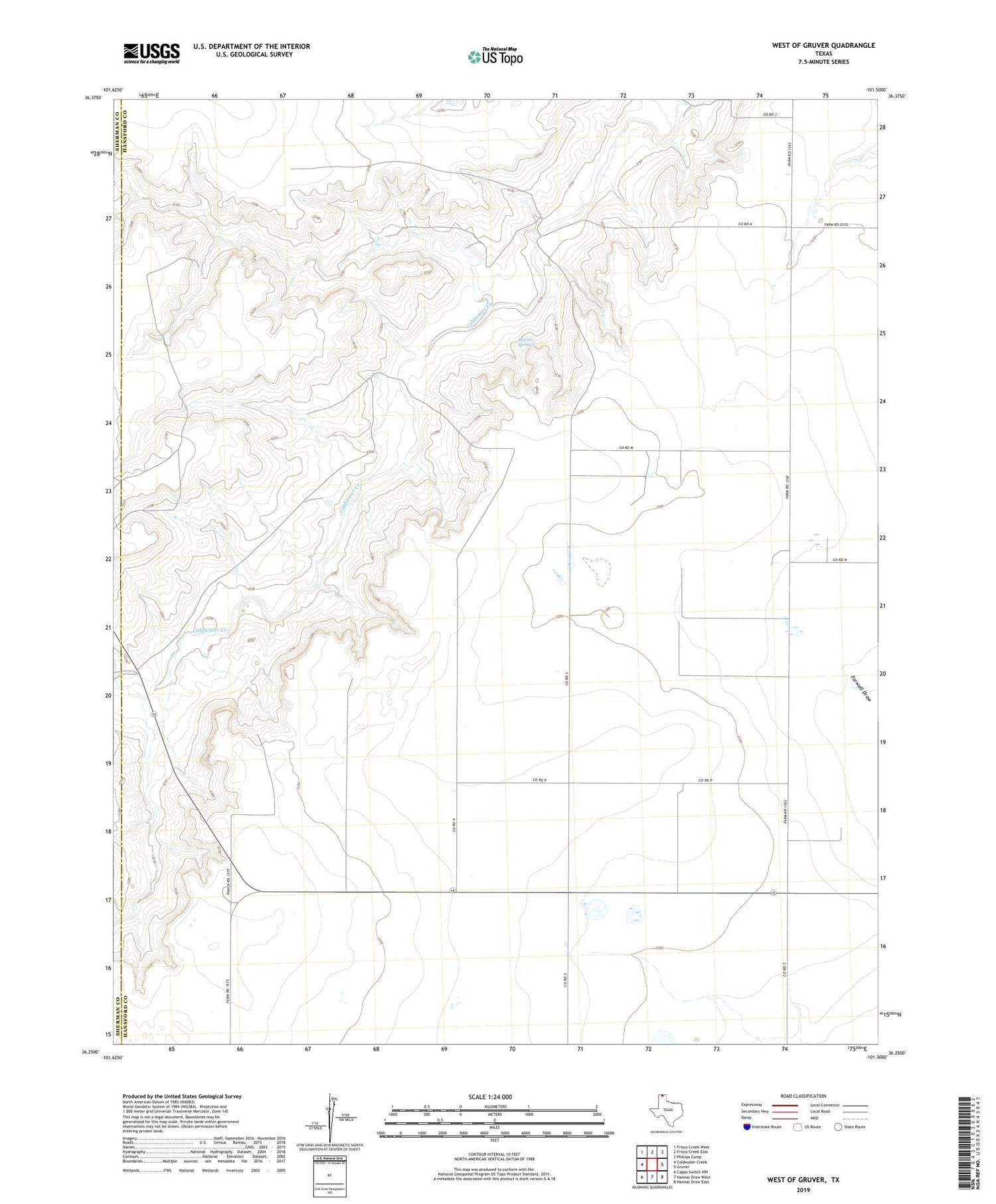 West of Gruver Texas US Topo Map Image