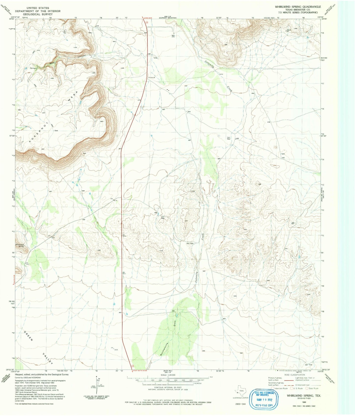 Classic USGS Whirlwind Spring Texas 7.5'x7.5' Topo Map Image