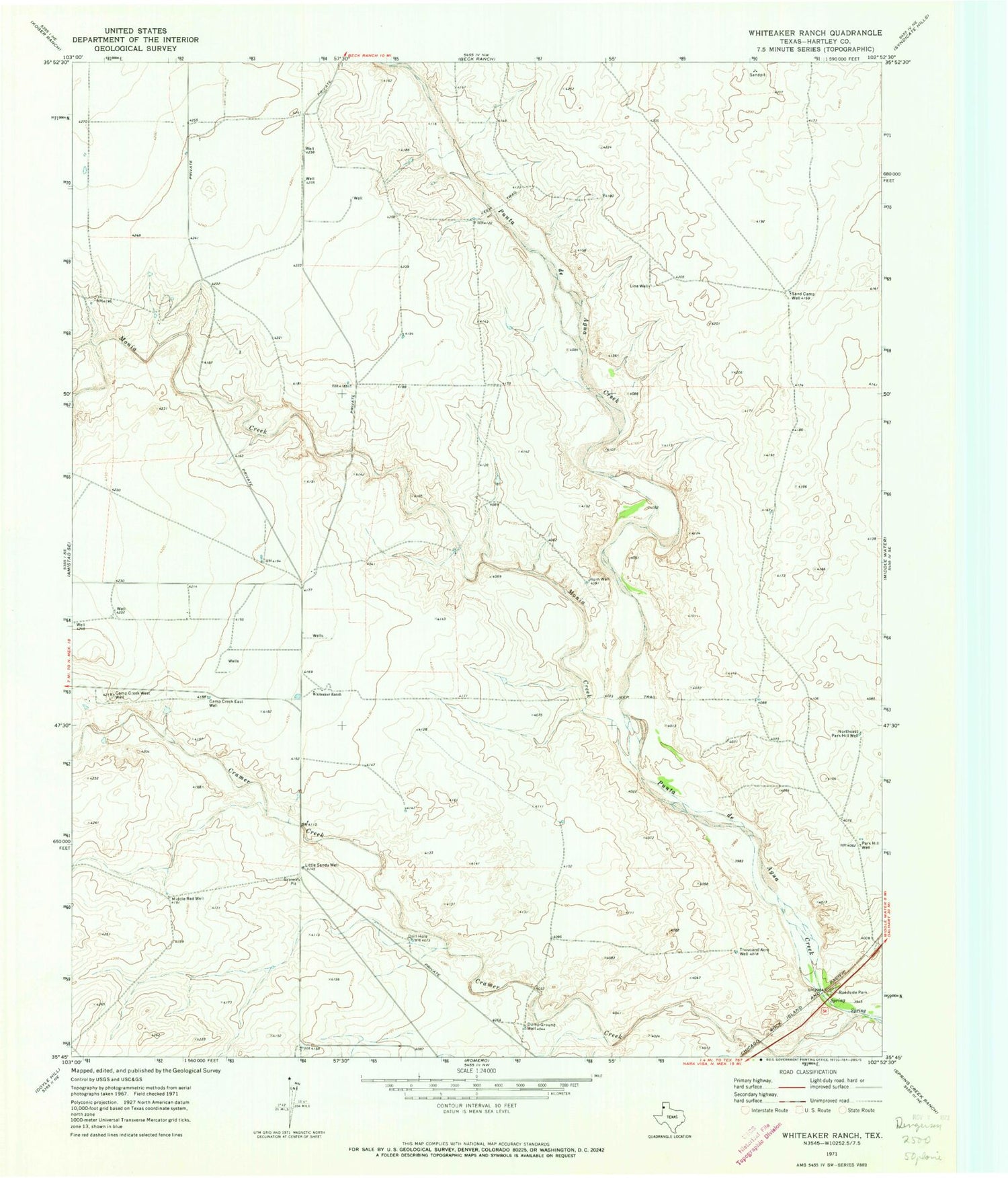 Classic USGS Whiteaker Ranch Texas 7.5'x7.5' Topo Map Image