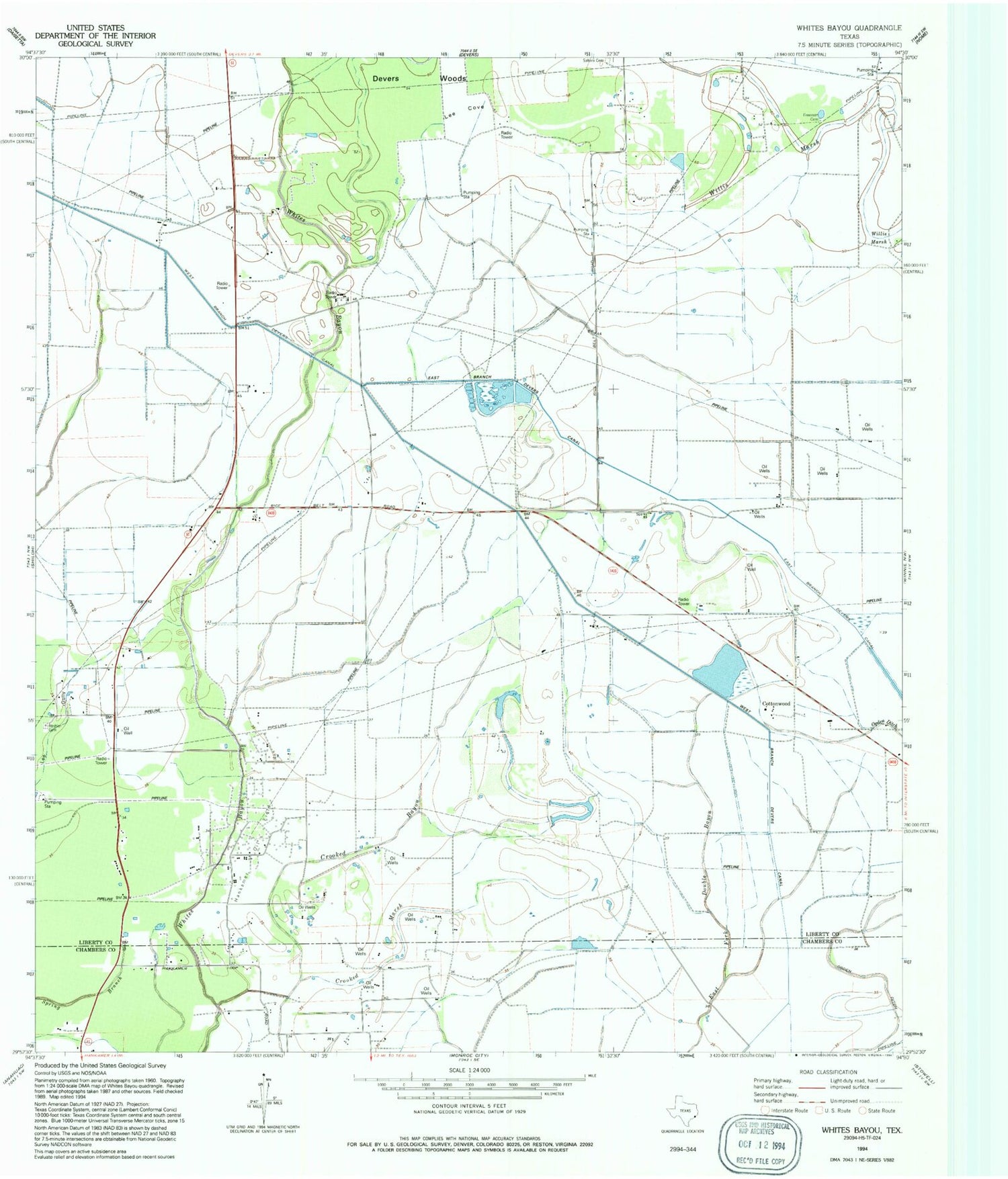 Classic USGS Whites Bayou Texas 7.5'x7.5' Topo Map Image