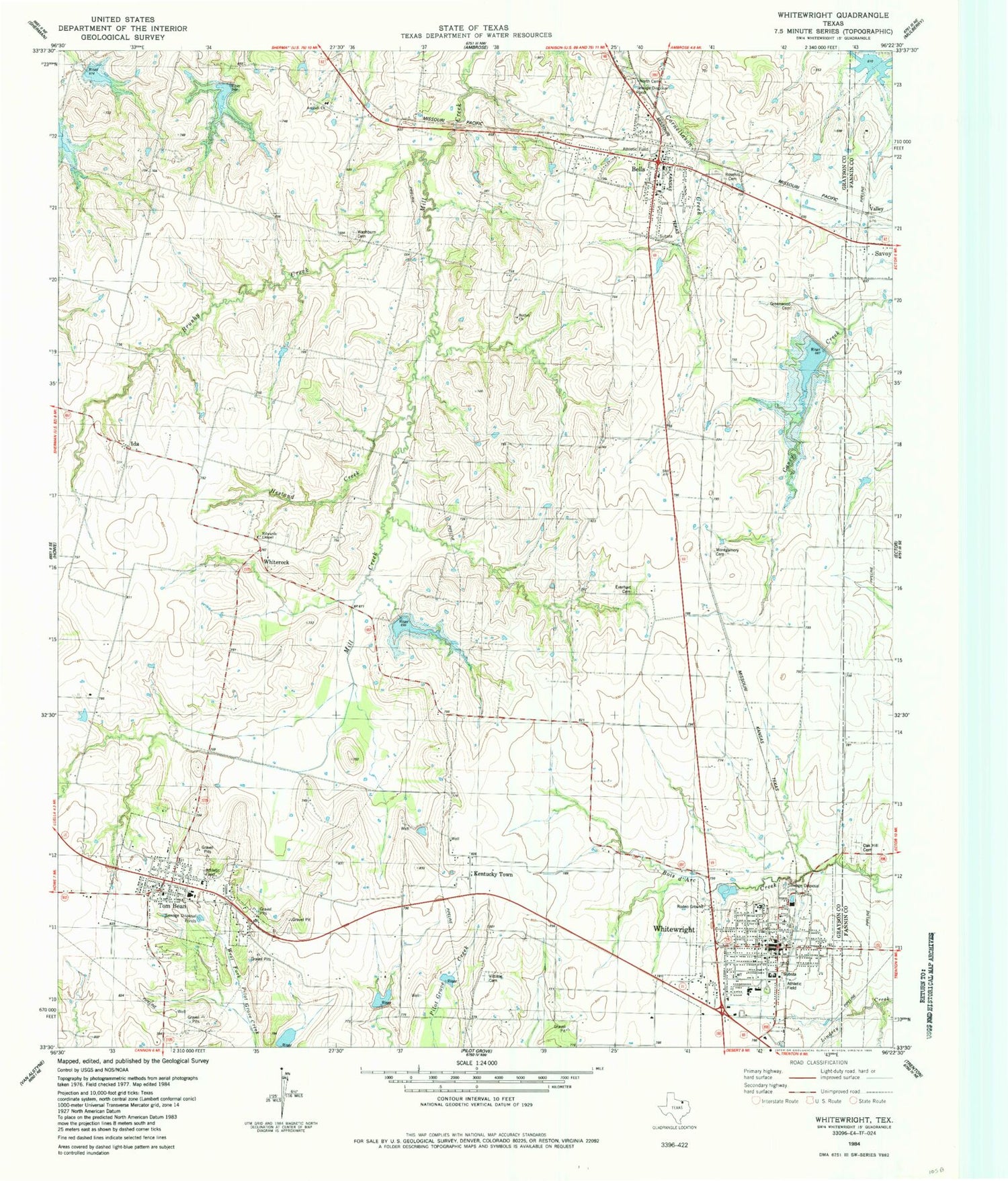 Classic USGS Whitewright Texas 7.5'x7.5' Topo Map Image