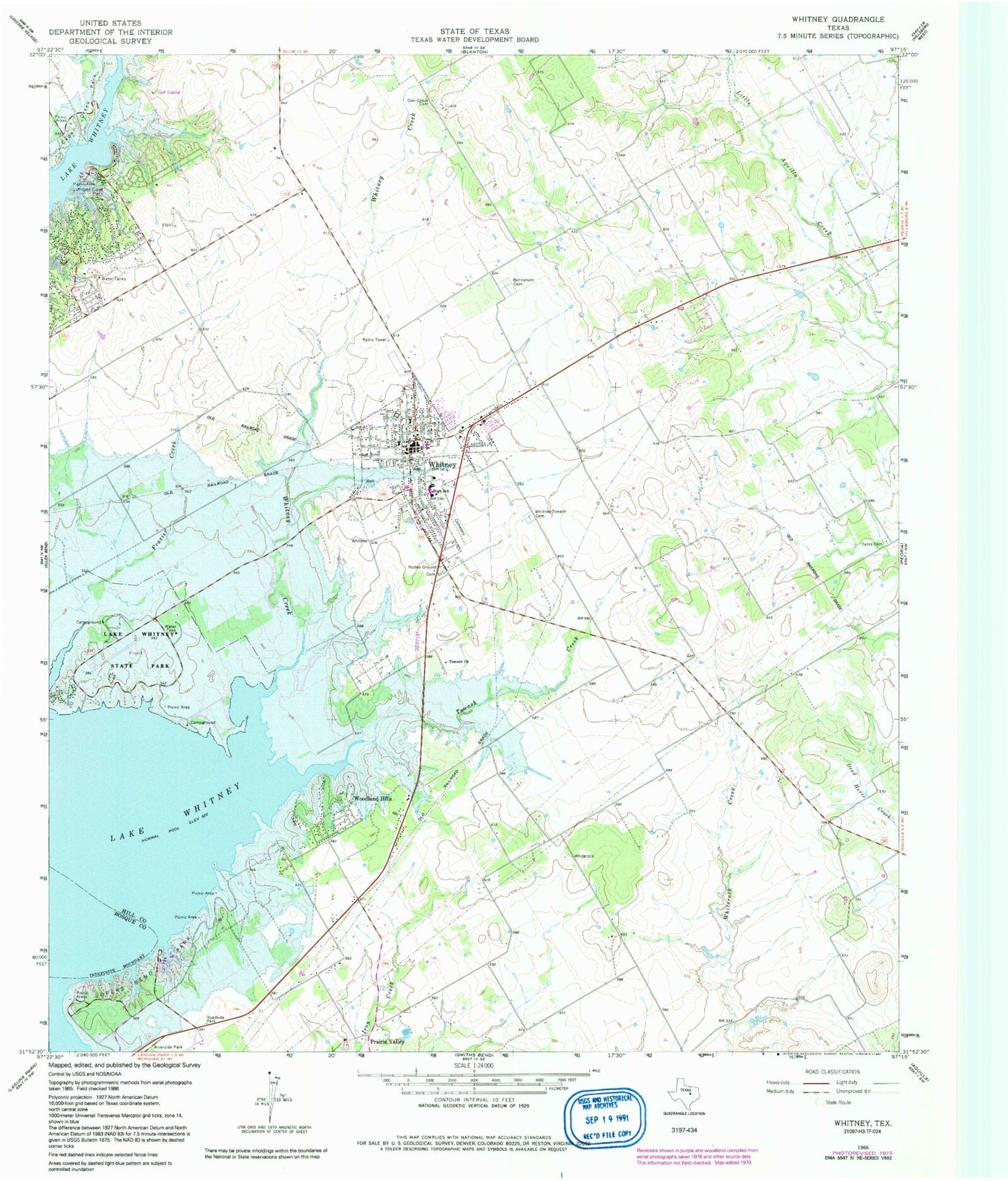 Classic USGS Whitney Texas 7.5'x7.5' Topo Map Image