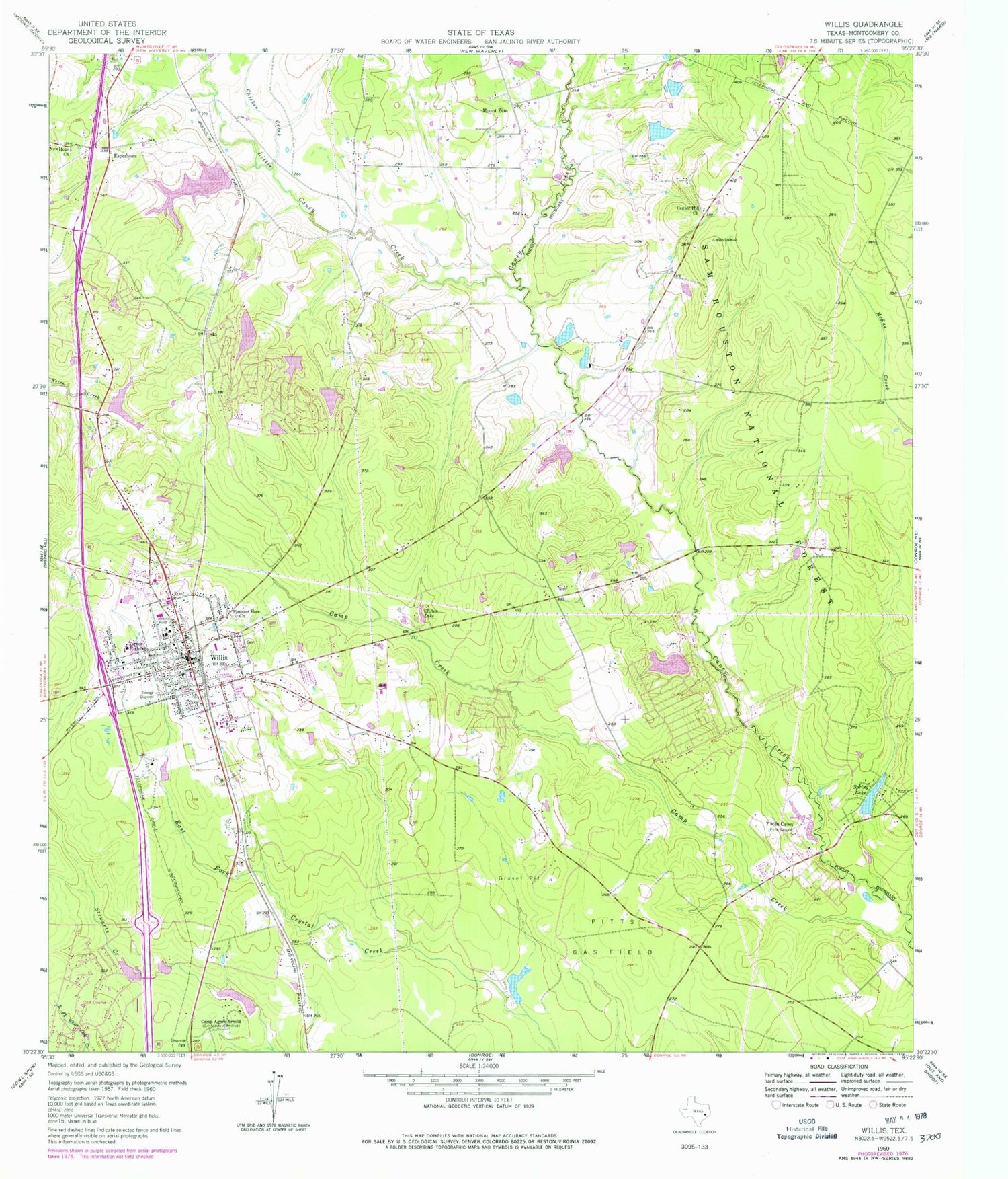 Classic USGS Willis Texas 7.5'x7.5' Topo Map Image