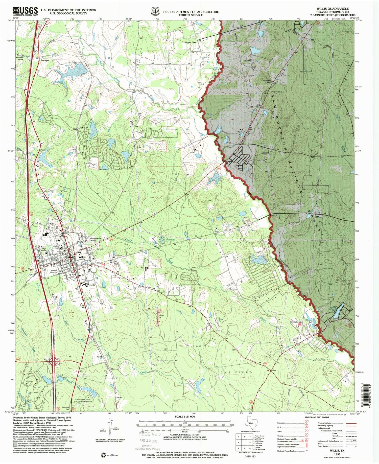 Classic USGS Willis Texas 7.5'x7.5' Topo Map Image