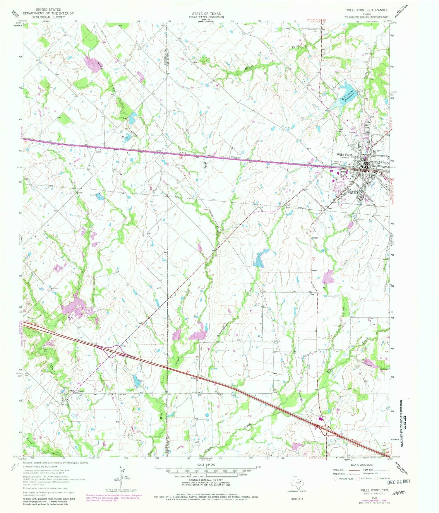 Classic USGS Wills Point Texas 7.5'x7.5' Topo Map Image