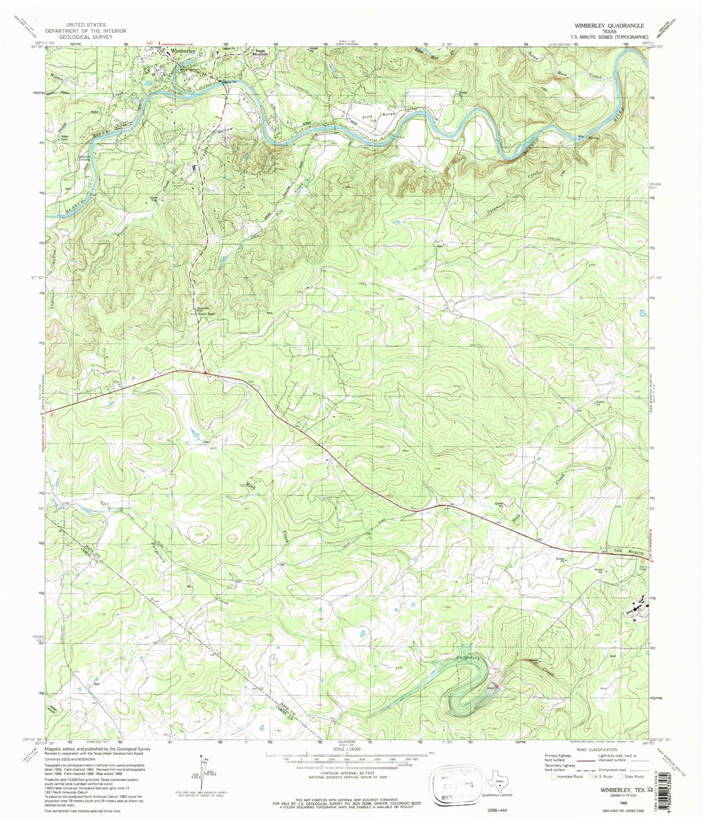 Classic USGS Wimberley Texas 7.5'x7.5' Topo Map Image