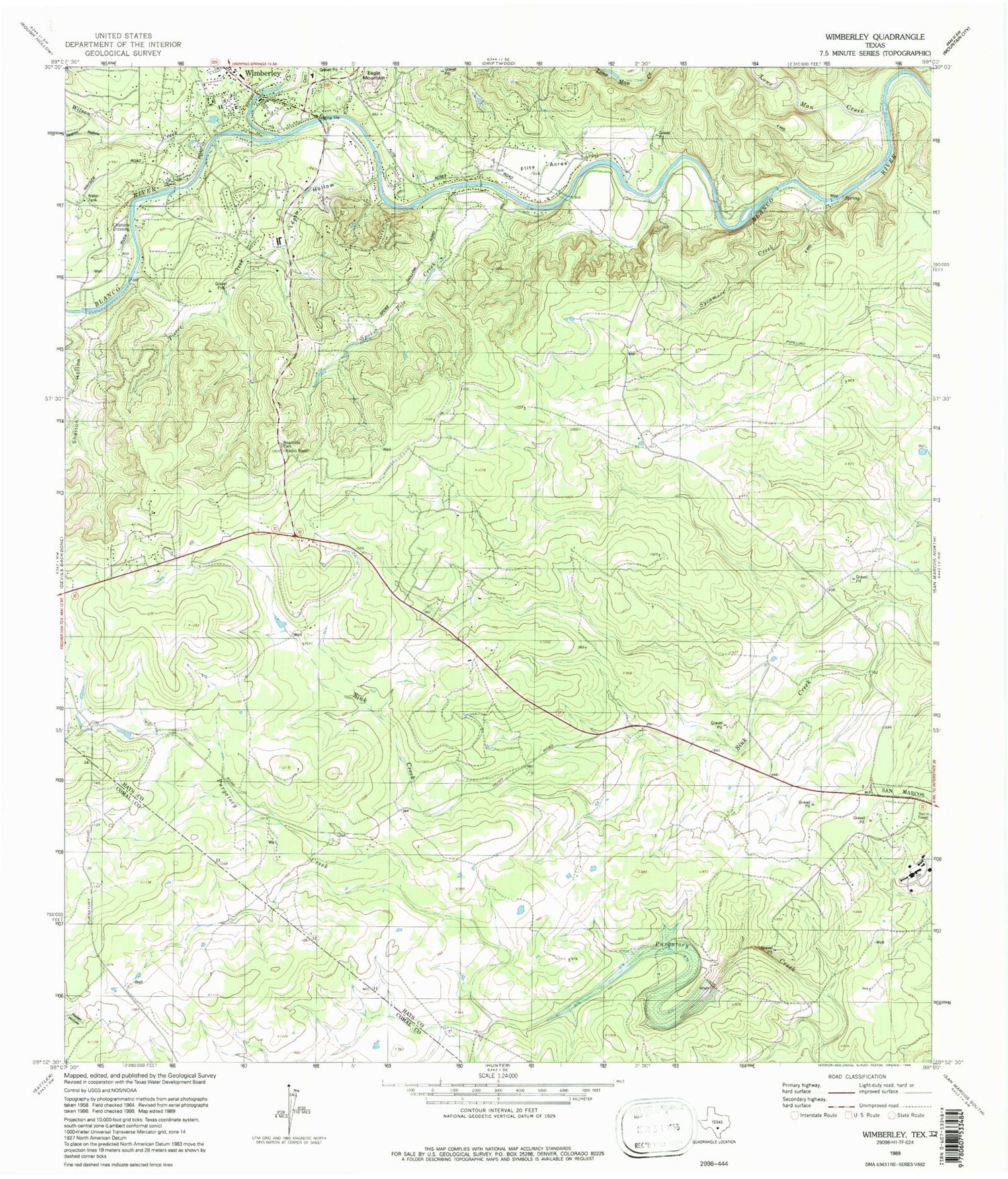 Classic USGS Wimberley Texas 7.5'x7.5' Topo Map Image