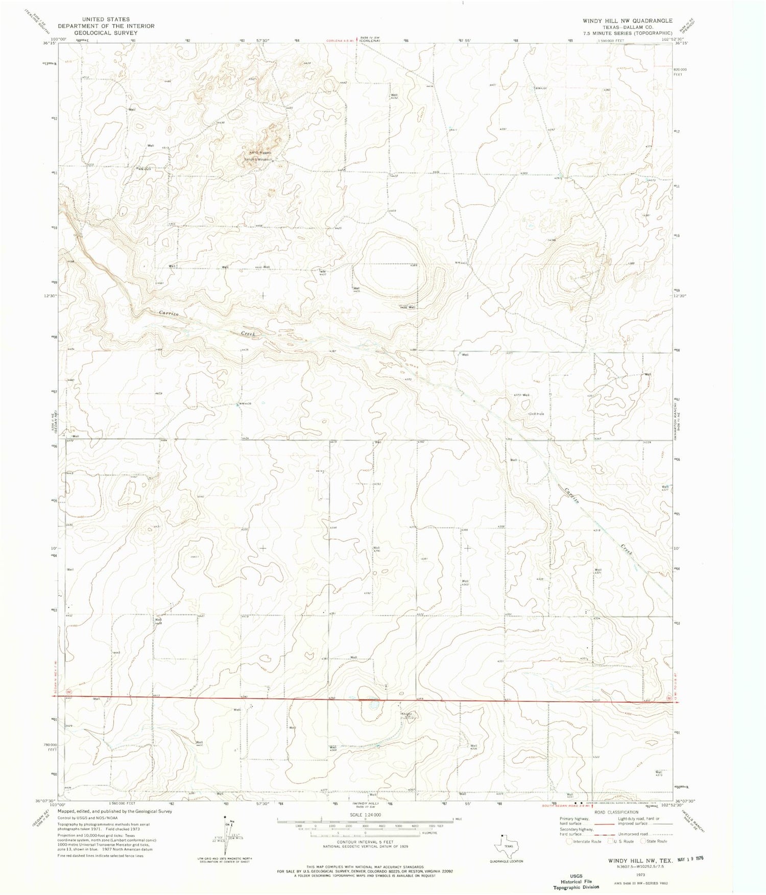 Classic USGS Windy Hill NW Texas 7.5'x7.5' Topo Map Image