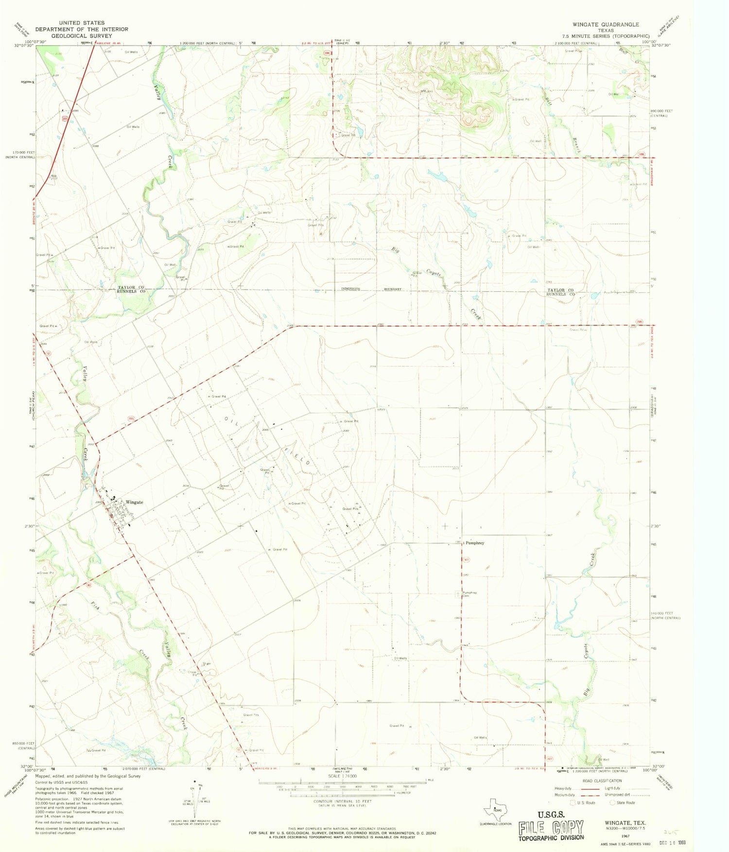 Classic USGS Wingate Texas 7.5'x7.5' Topo Map Image