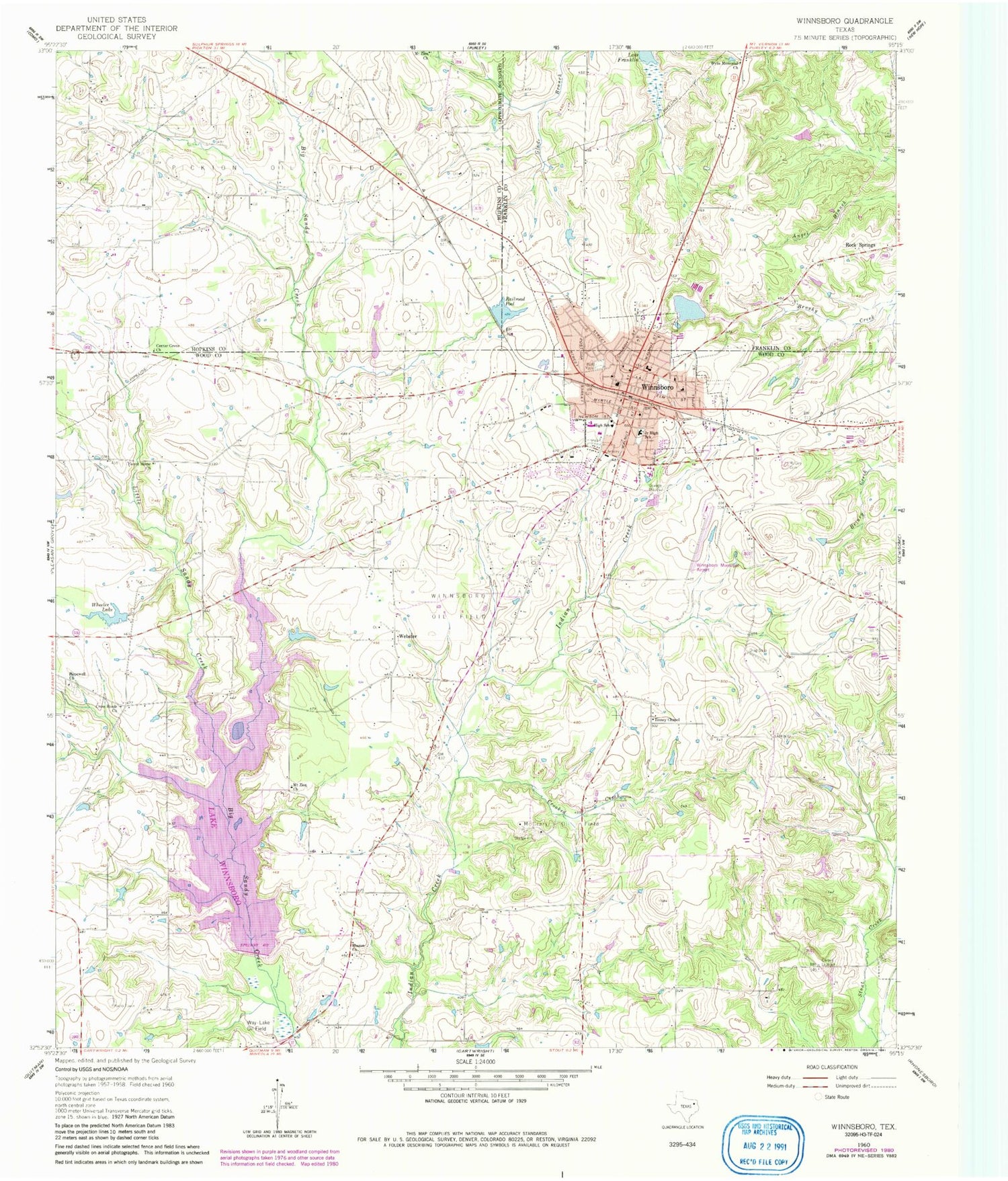 Classic USGS Winnsboro Texas 7.5'x7.5' Topo Map Image