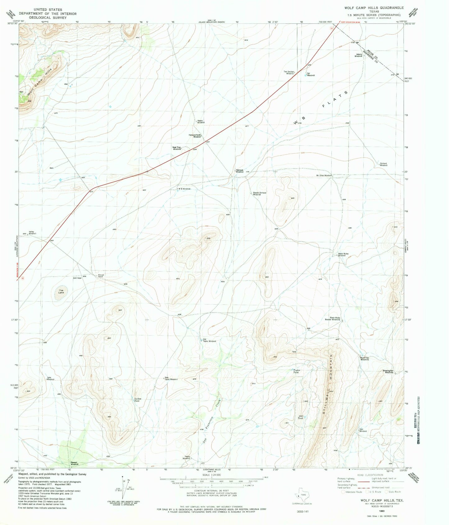 Classic USGS Wolf Camp Hills Texas 7.5'x7.5' Topo Map Image