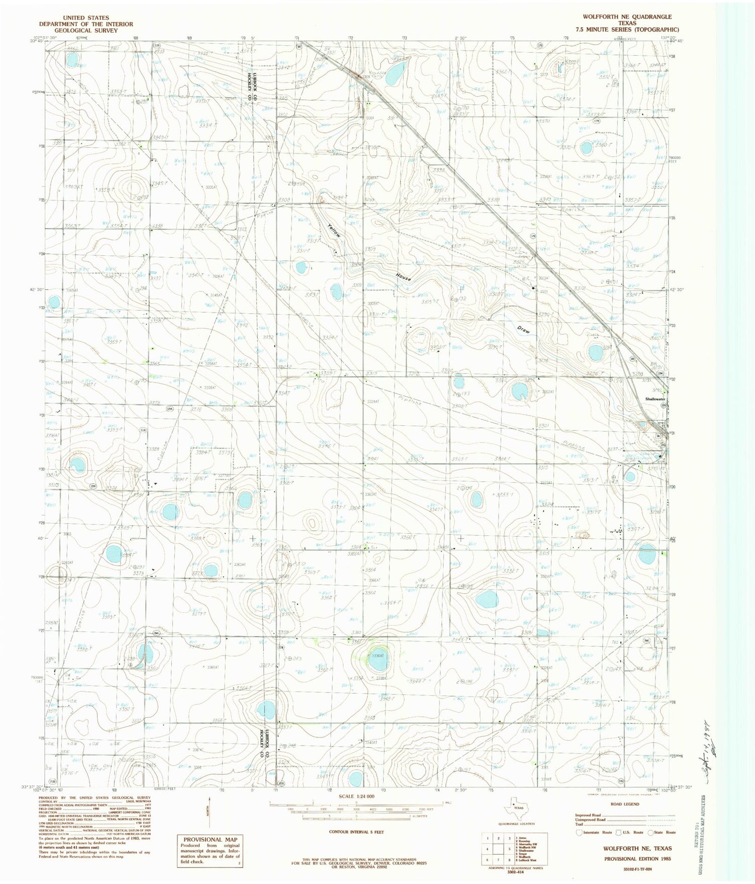 Classic USGS Wolfforth NE Texas 7.5'x7.5' Topo Map Image