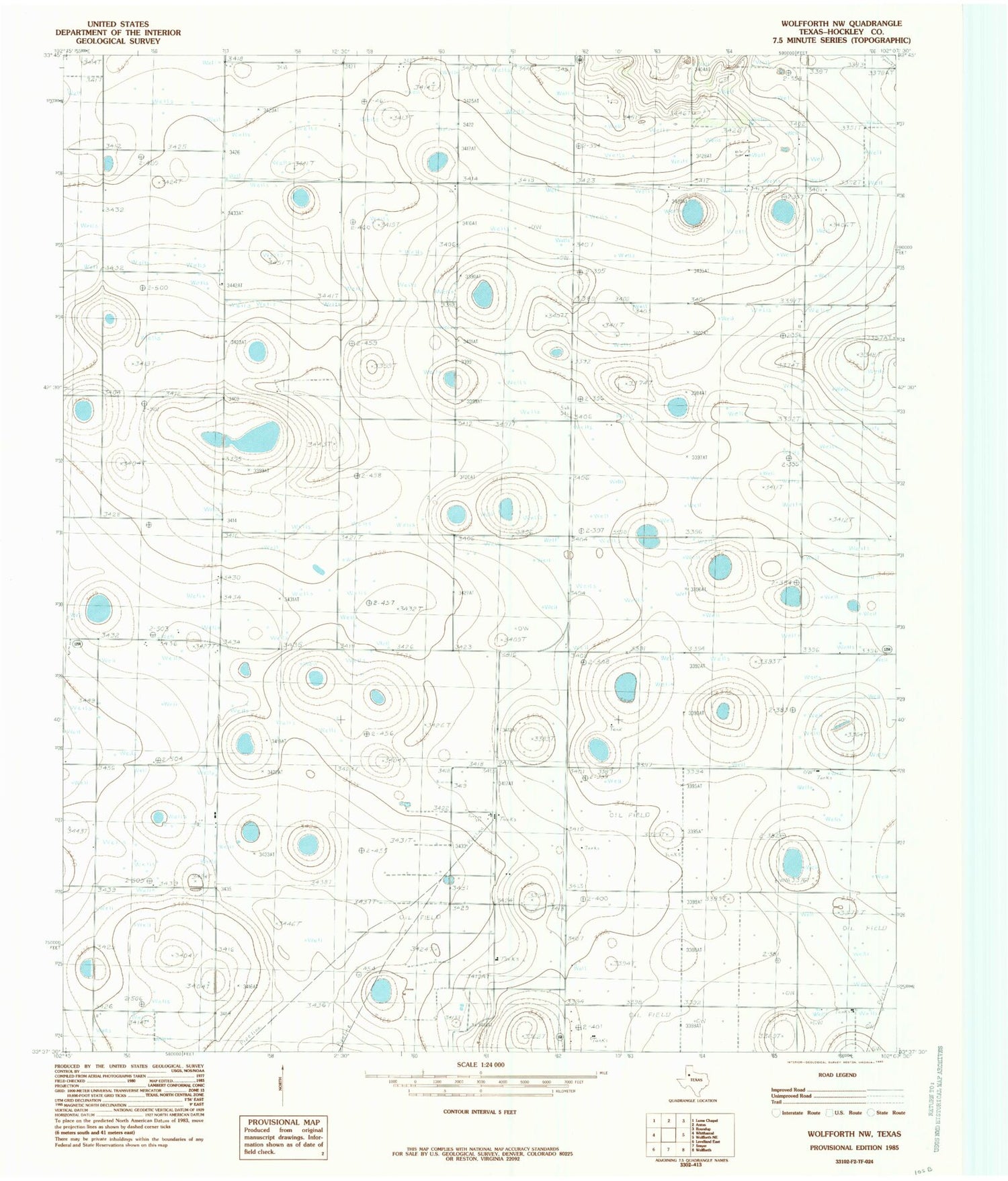 Classic USGS Wolfforth NW Texas 7.5'x7.5' Topo Map Image