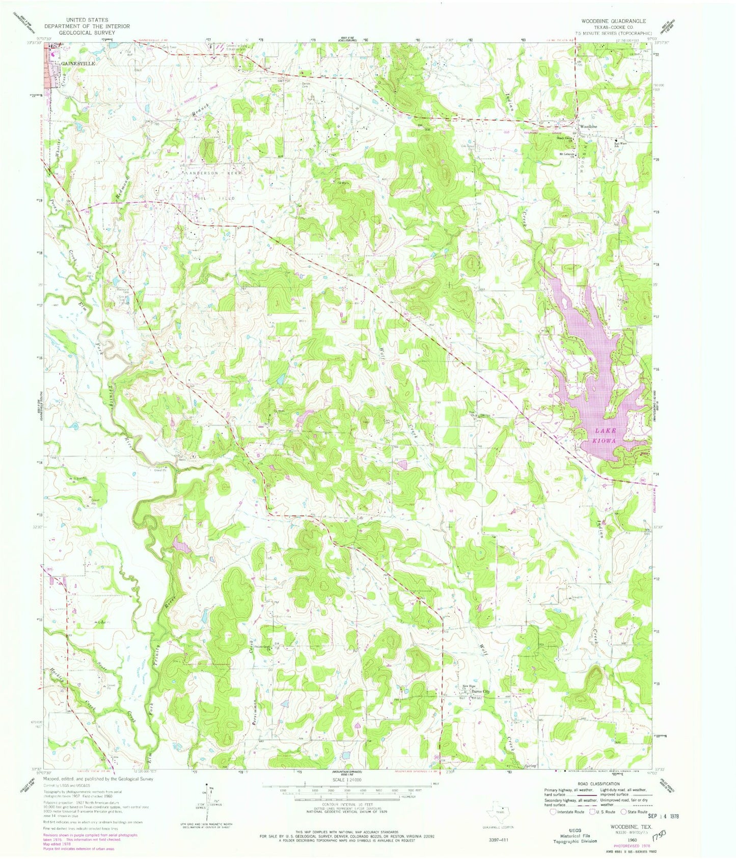 Classic USGS Woodbine Texas 7.5'x7.5' Topo Map Image
