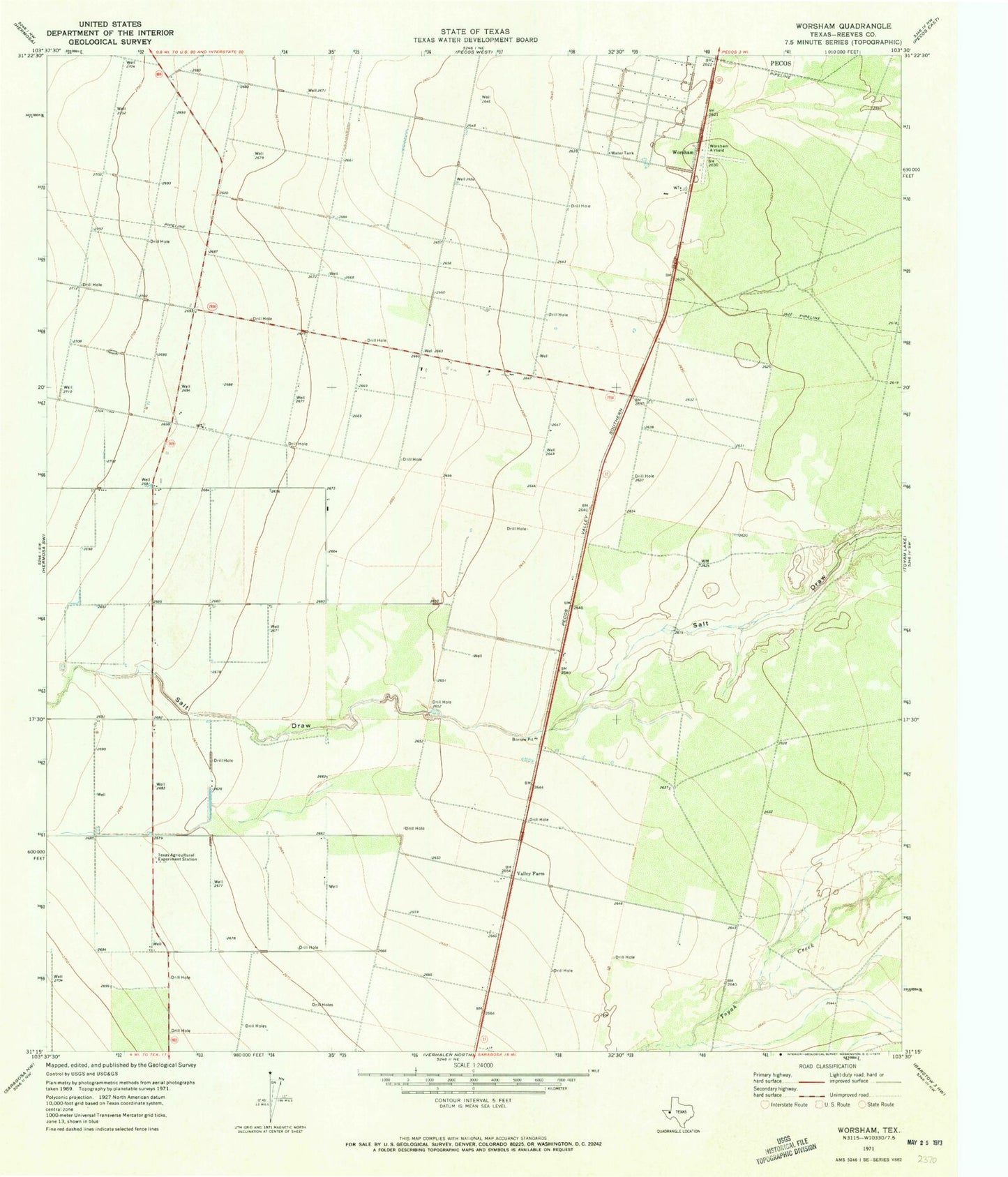Classic USGS Worsham Texas 7.5'x7.5' Topo Map Image