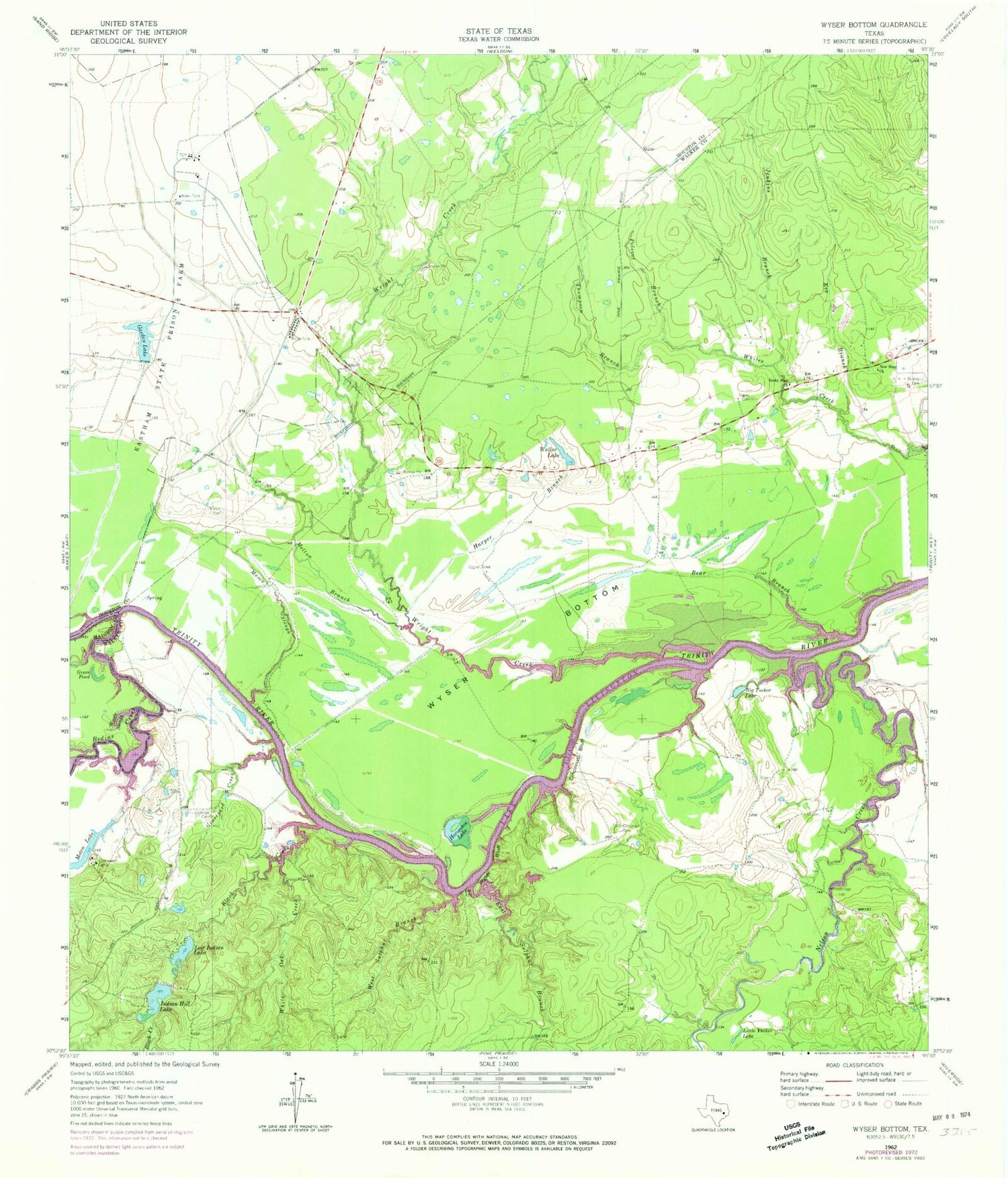 Classic USGS Wyser Bottom Texas 7.5'x7.5' Topo Map Image