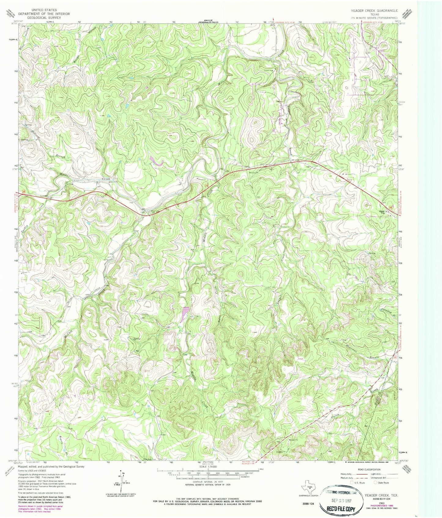 Classic USGS Yeager Creek Texas 7.5'x7.5' Topo Map Image