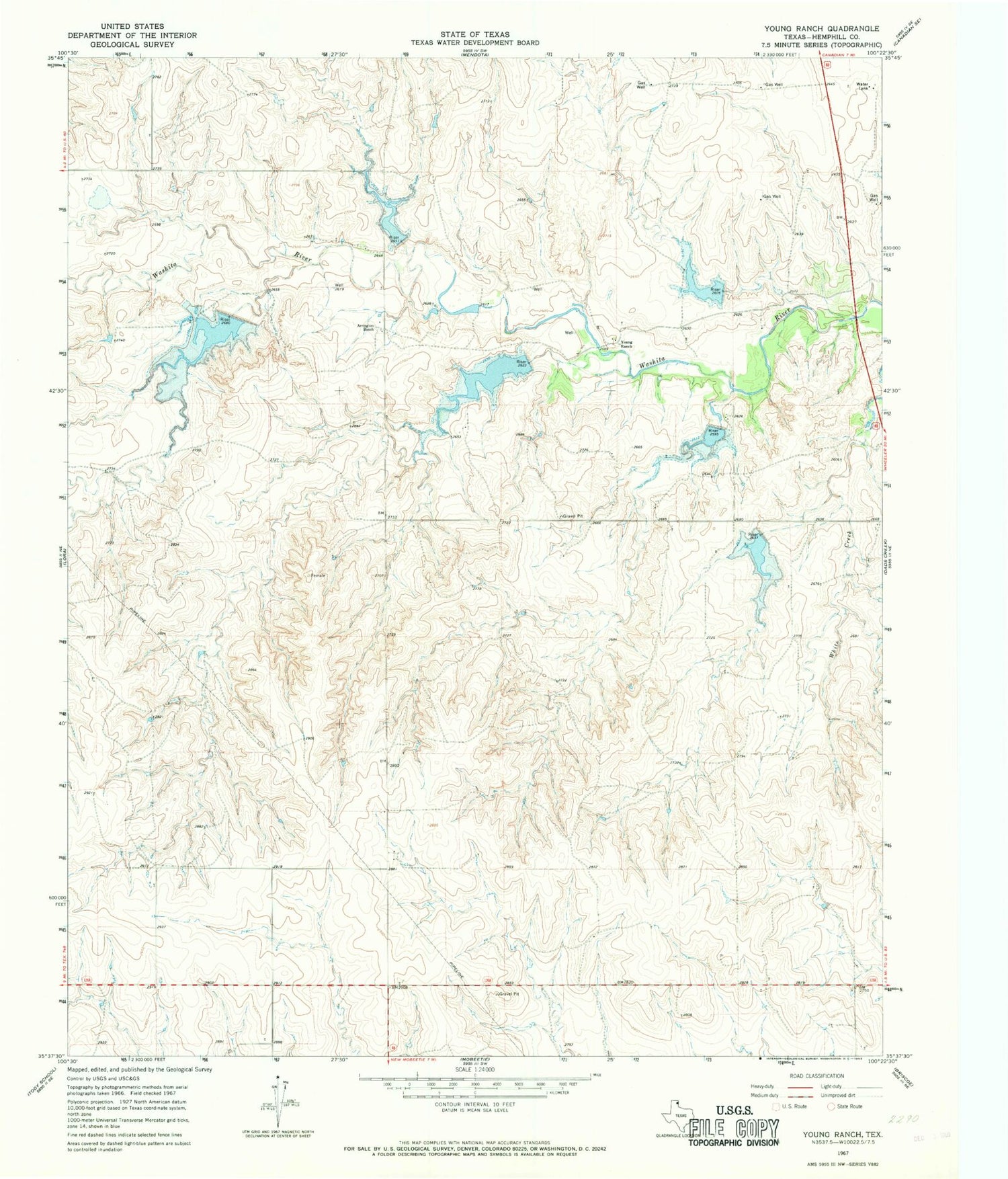 Classic USGS Young Ranch Texas 7.5'x7.5' Topo Map Image