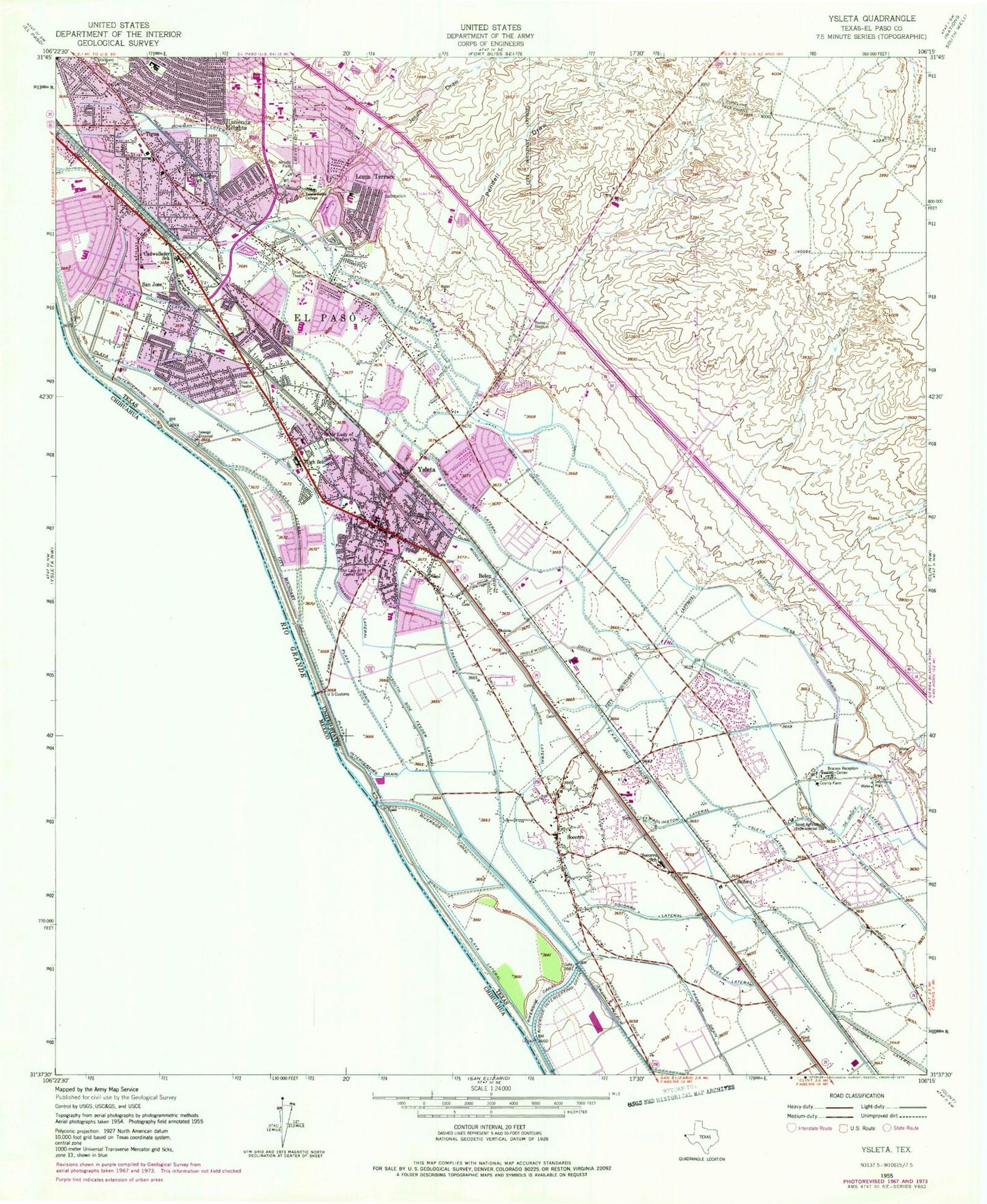 Classic USGS Ysleta Texas 7.5'x7.5' Topo Map Image