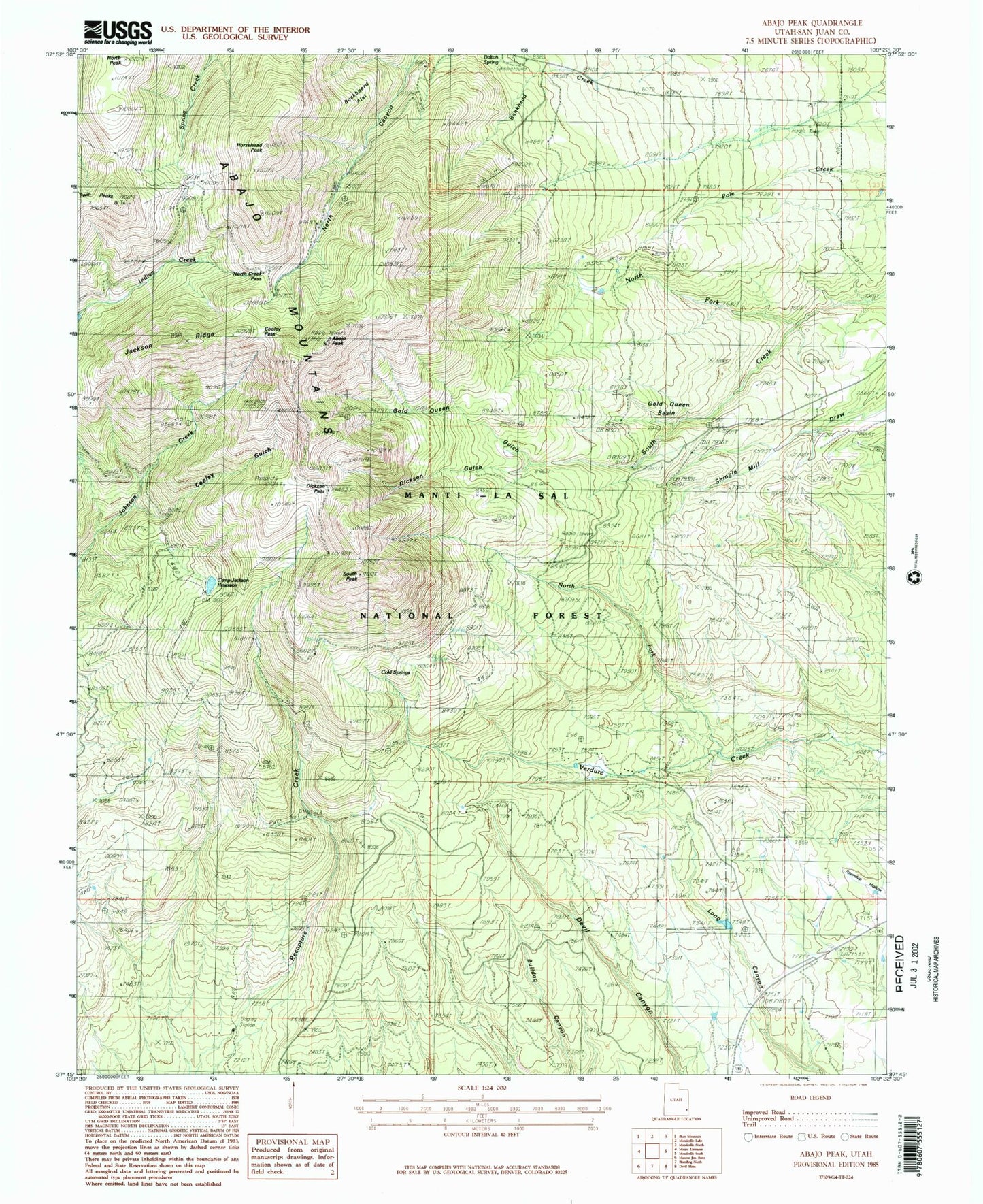 Classic USGS Abajo Peak Utah 7.5'x7.5' Topo Map Image