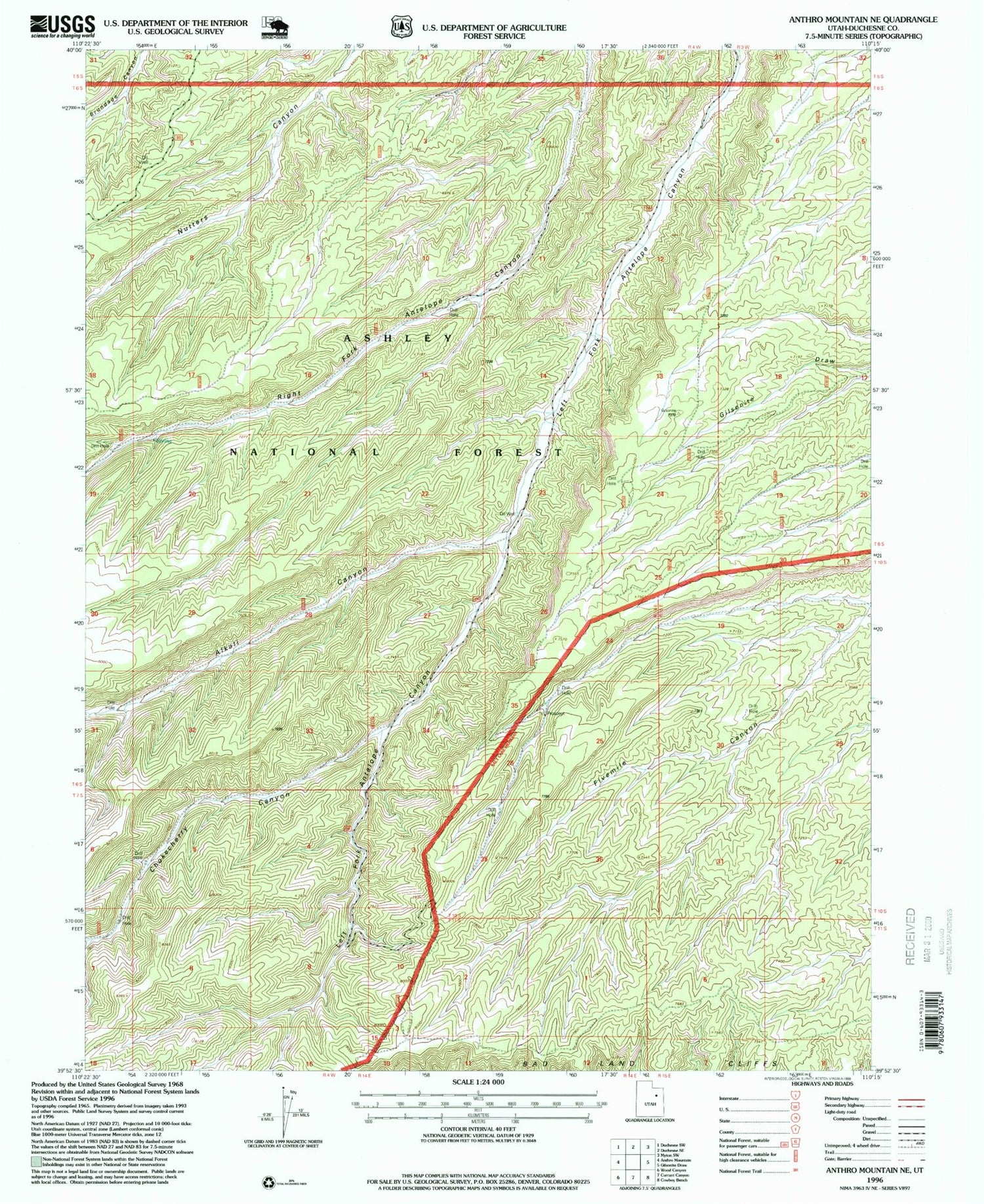 Classic USGS Anthro Mountain NE Utah 7.5'x7.5' Topo Map Image