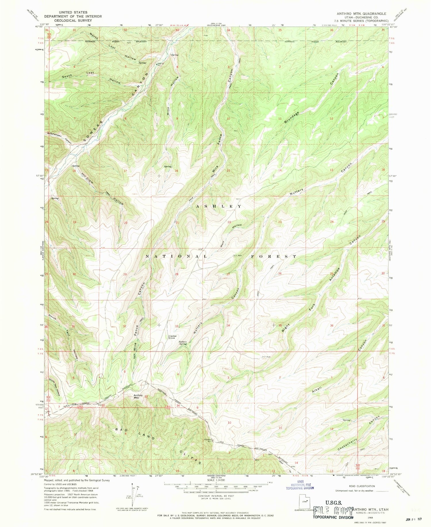 Classic USGS Anthro Mountain Utah 7.5'x7.5' Topo Map Image
