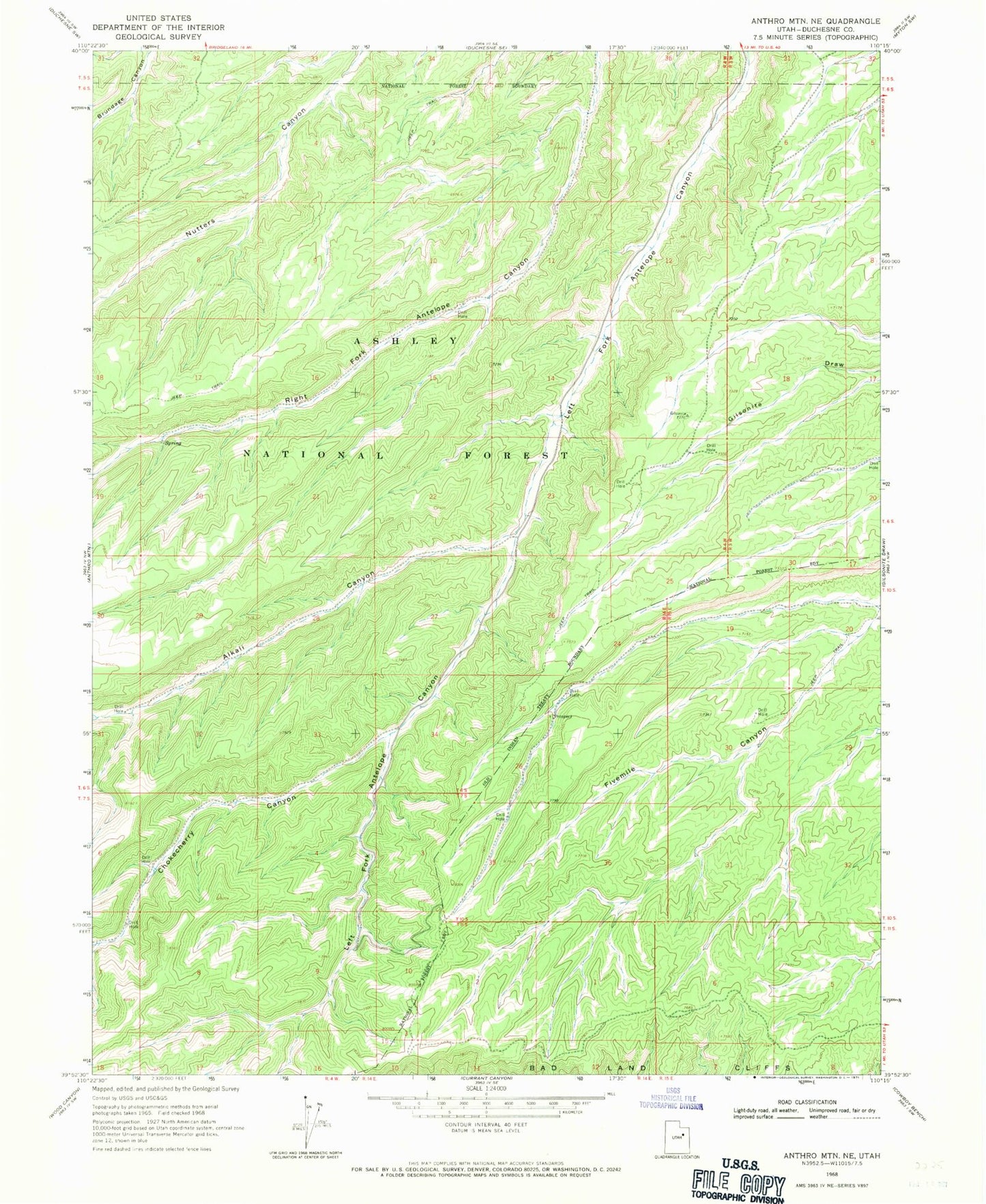 Classic USGS Anthro Mountain NE Utah 7.5'x7.5' Topo Map Image