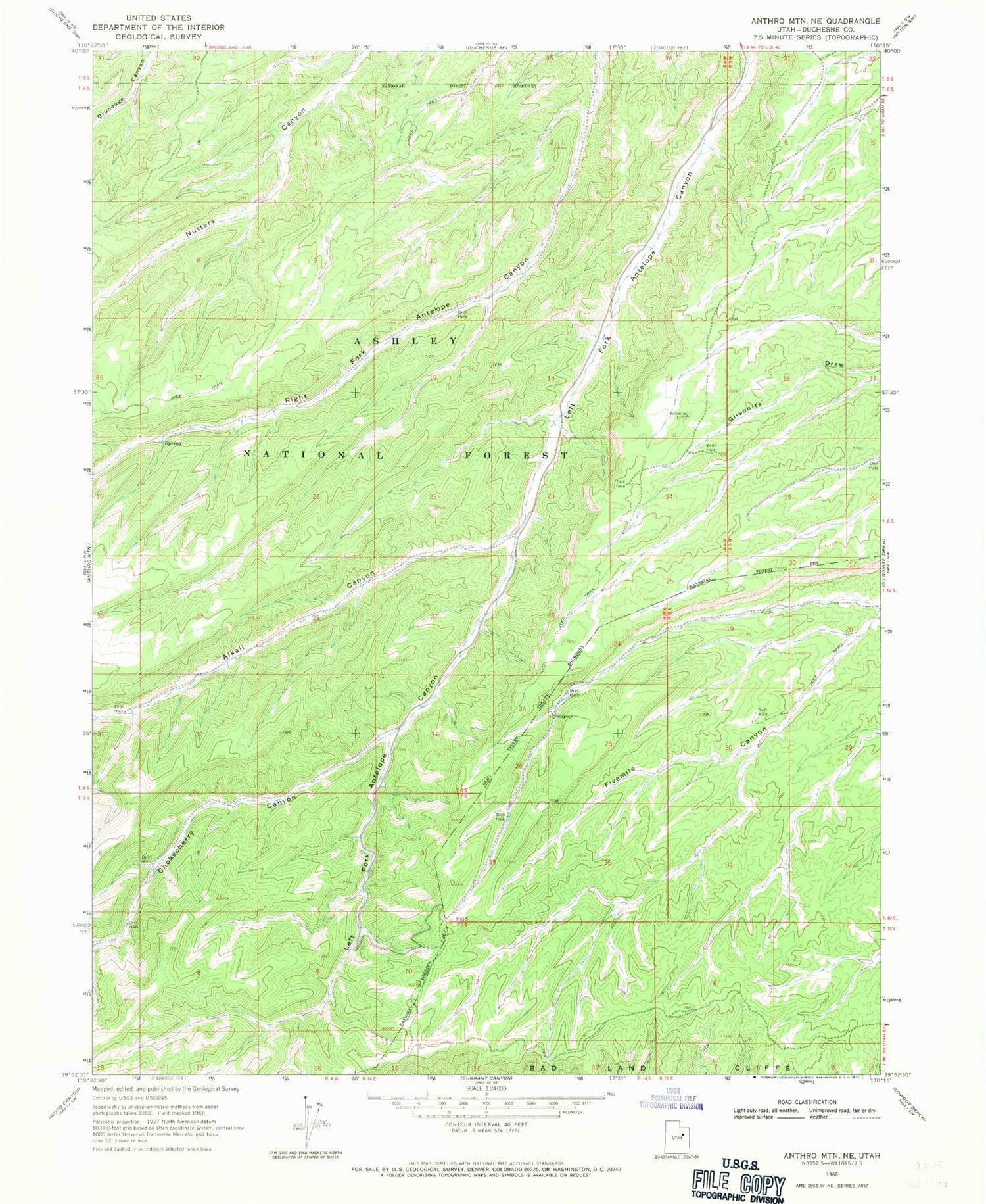 Classic USGS Anthro Mountain NE Utah 7.5'x7.5' Topo Map Image