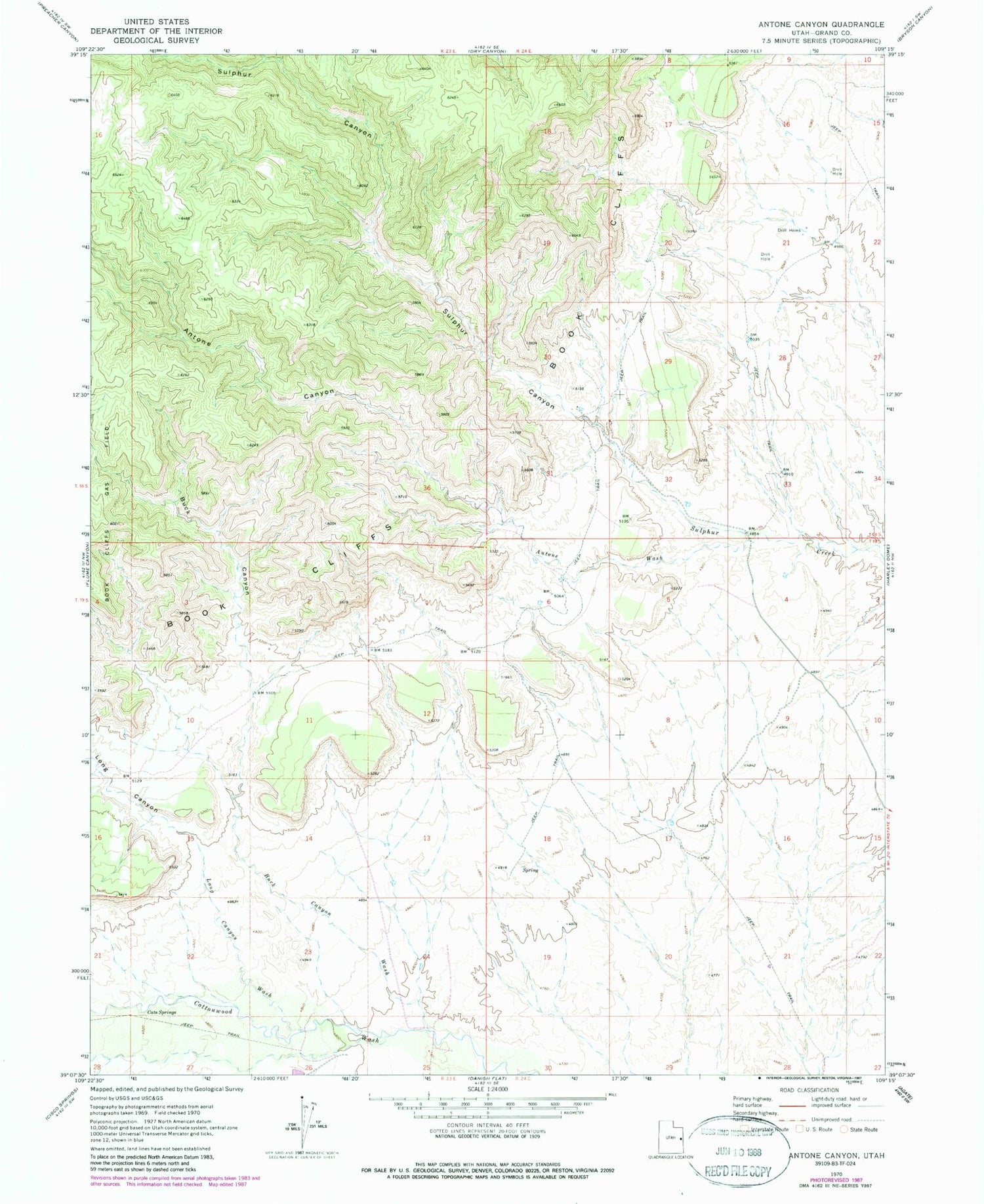 Classic USGS Antone Canyon Utah 7.5'x7.5' Topo Map Image