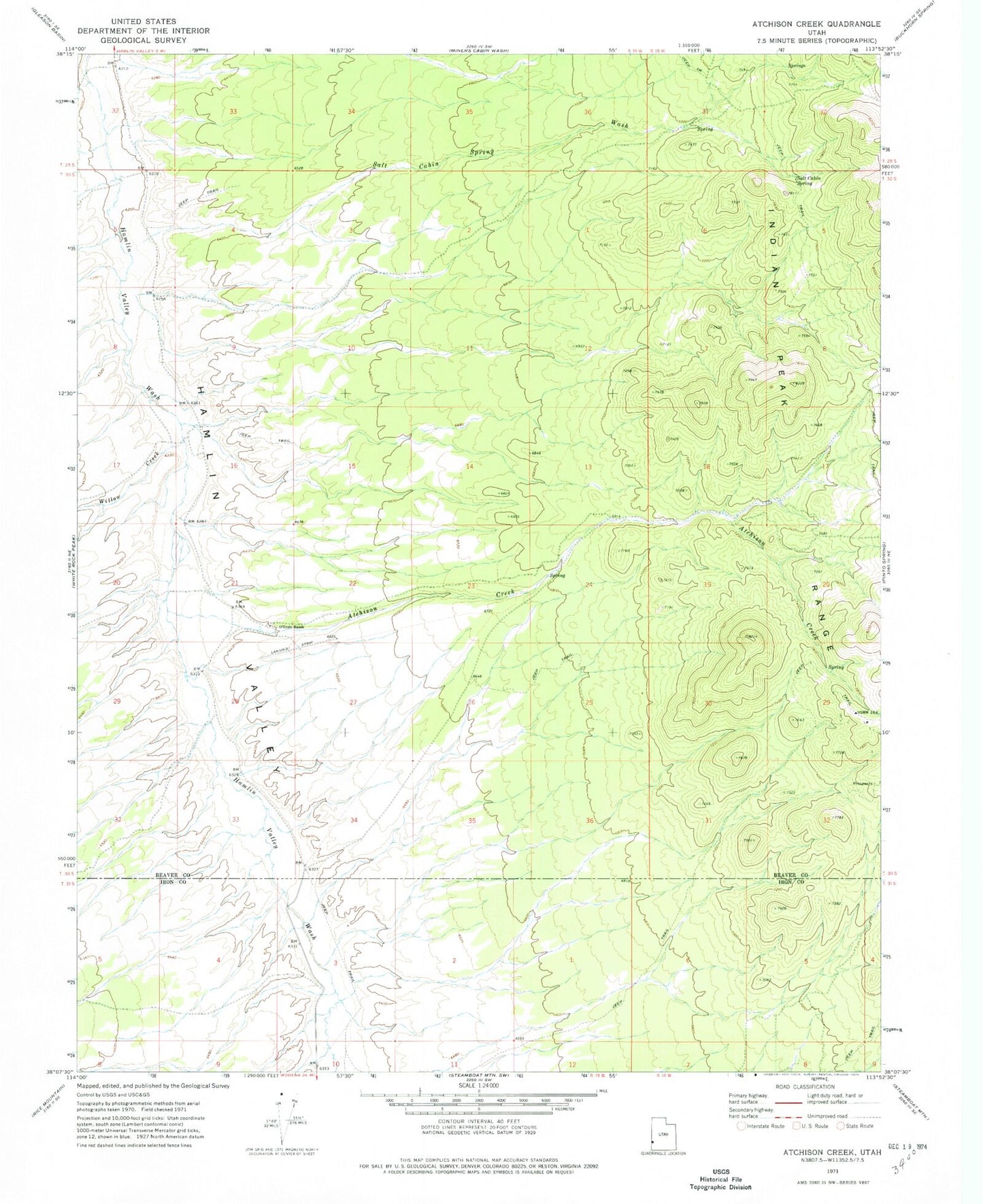 Classic USGS Atchison Creek Utah 7.5'x7.5' Topo Map Image